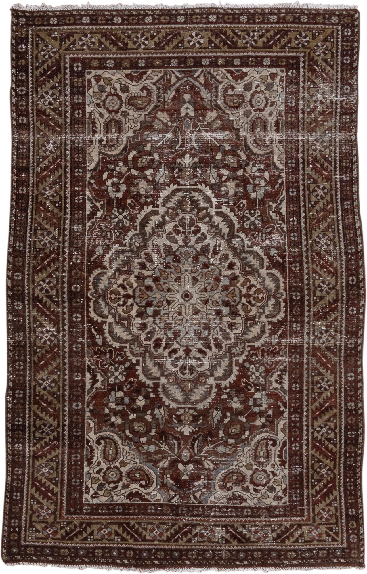 4' x 6' one-of-a-kind handmade antique Baktiary small size rug. Color palette: rust, ivory, brown, taupe, camel, charcoal