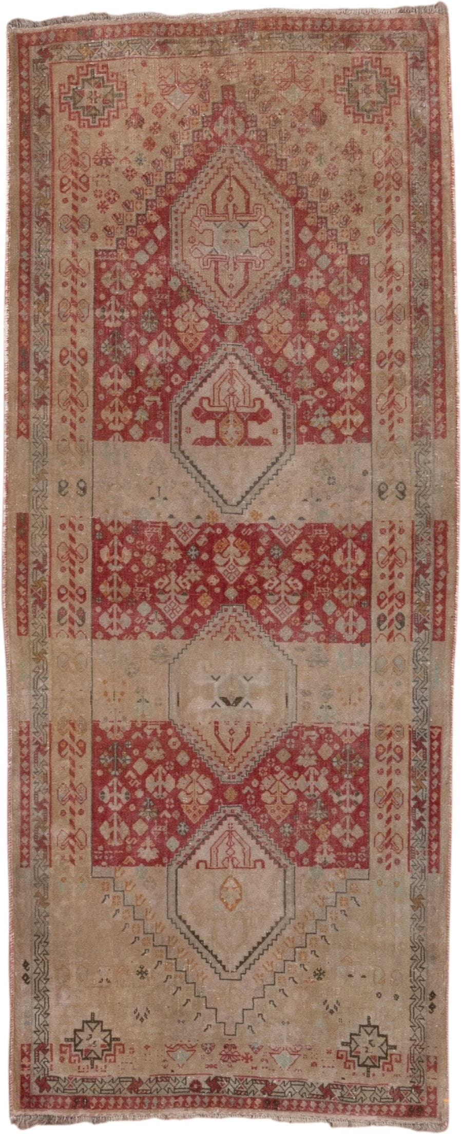 2' x 6' one-of-a-kind handmade antique Shiraz runner rug. Color palette: ivory, rust, taupe, rose, sage, charcoal