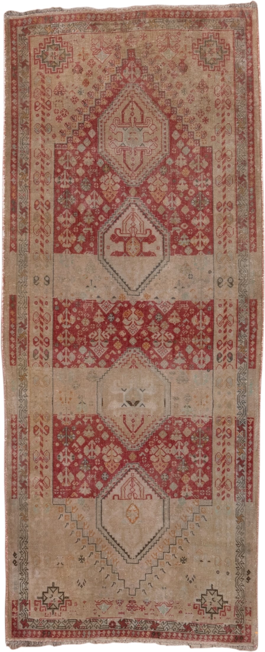 2' x 6' one-of-a-kind handmade antique Shiraz runner rug. Color palette: ivory, rust, taupe, rose, sage, charcoal