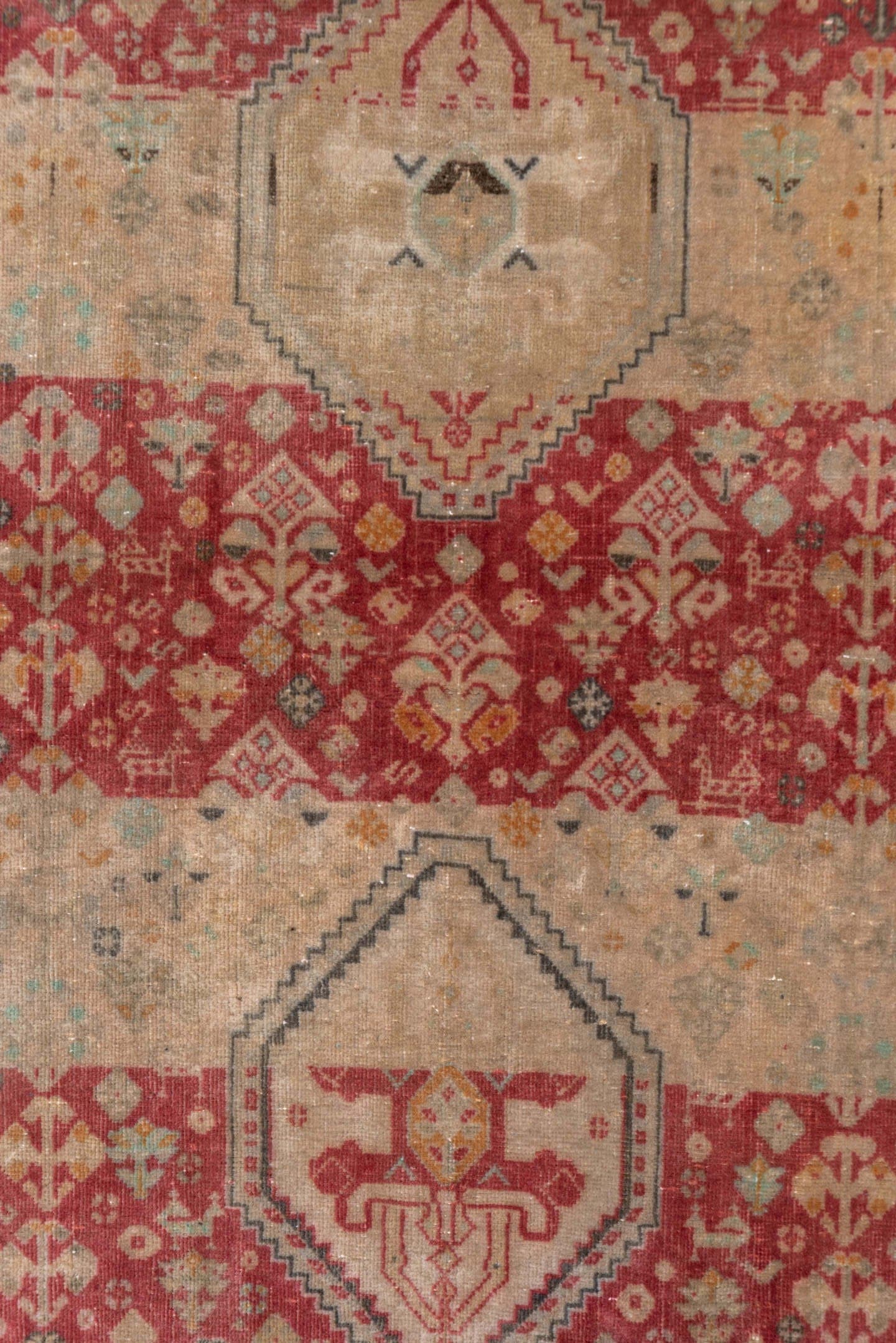 2' x 6' one-of-a-kind handmade antique Shiraz runner rug. Color palette: ivory, rust, taupe, rose, sage, charcoal