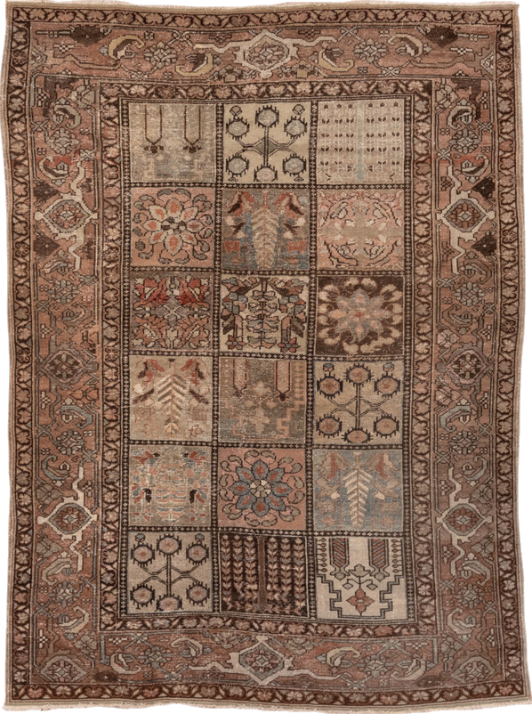 4' x 6' one-of-a-kind handmade vintage Baktiary small size rug. Color palette: brown, gray, orange, pink