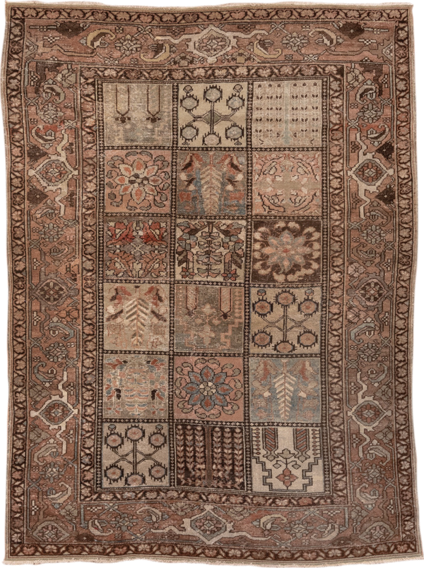 4' x 6' one-of-a-kind handmade vintage Baktiary small size rug. Color palette: brown, gray, orange, pink