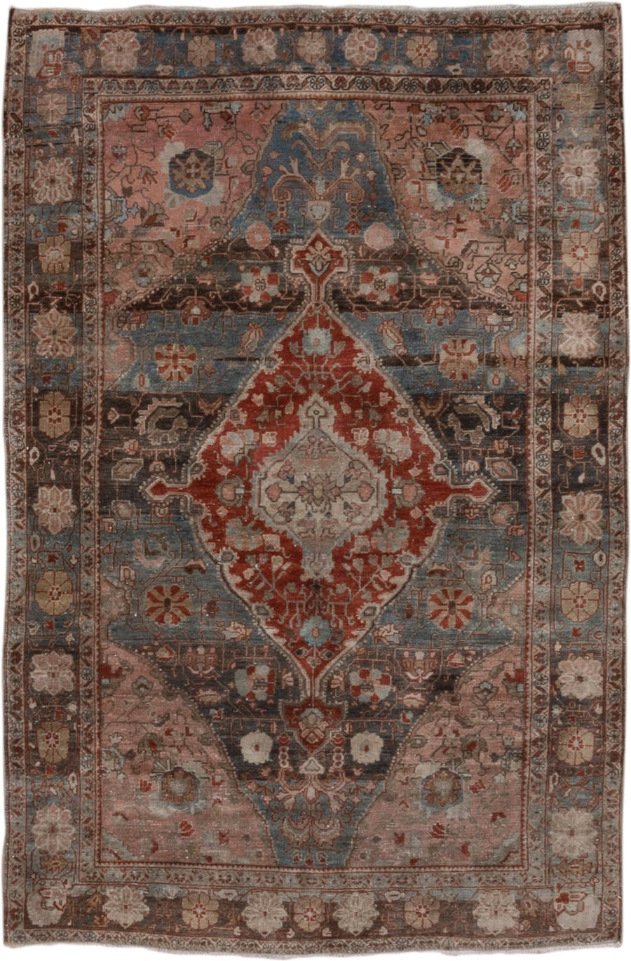 4' x 6' one-of-a-kind handmade antique Sarouk small size rug. Color palette: rose, slate, rust, ivory, charcoal, taupe