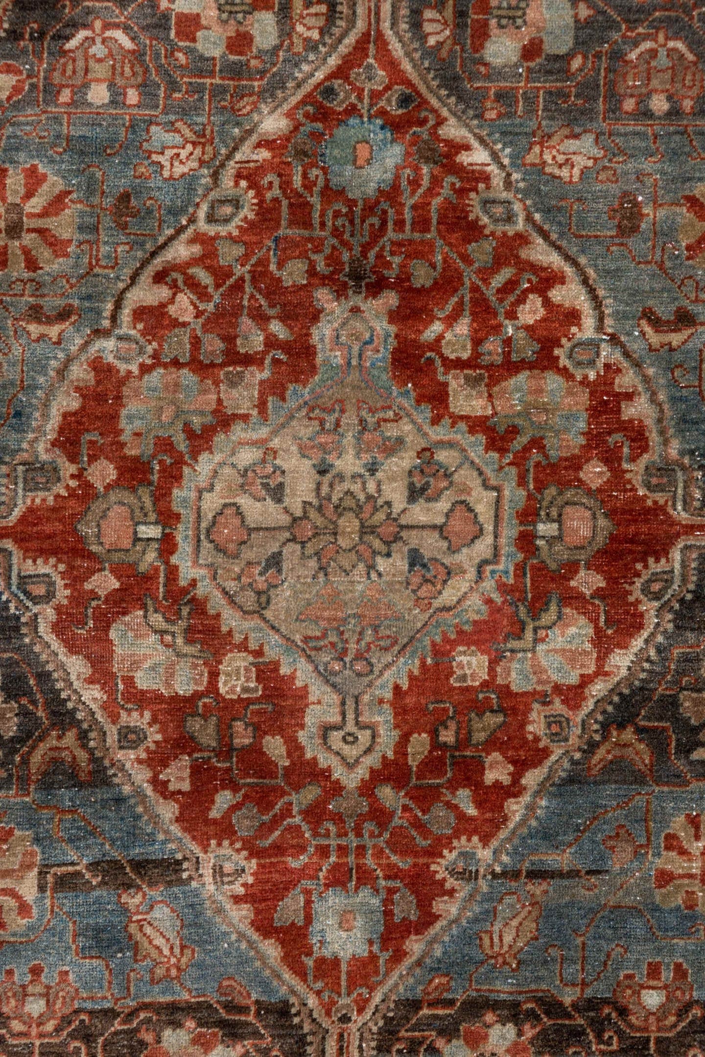 4' x 6' one-of-a-kind handmade antique Sarouk small size rug. Color palette: rose, slate, rust, ivory, charcoal, taupe