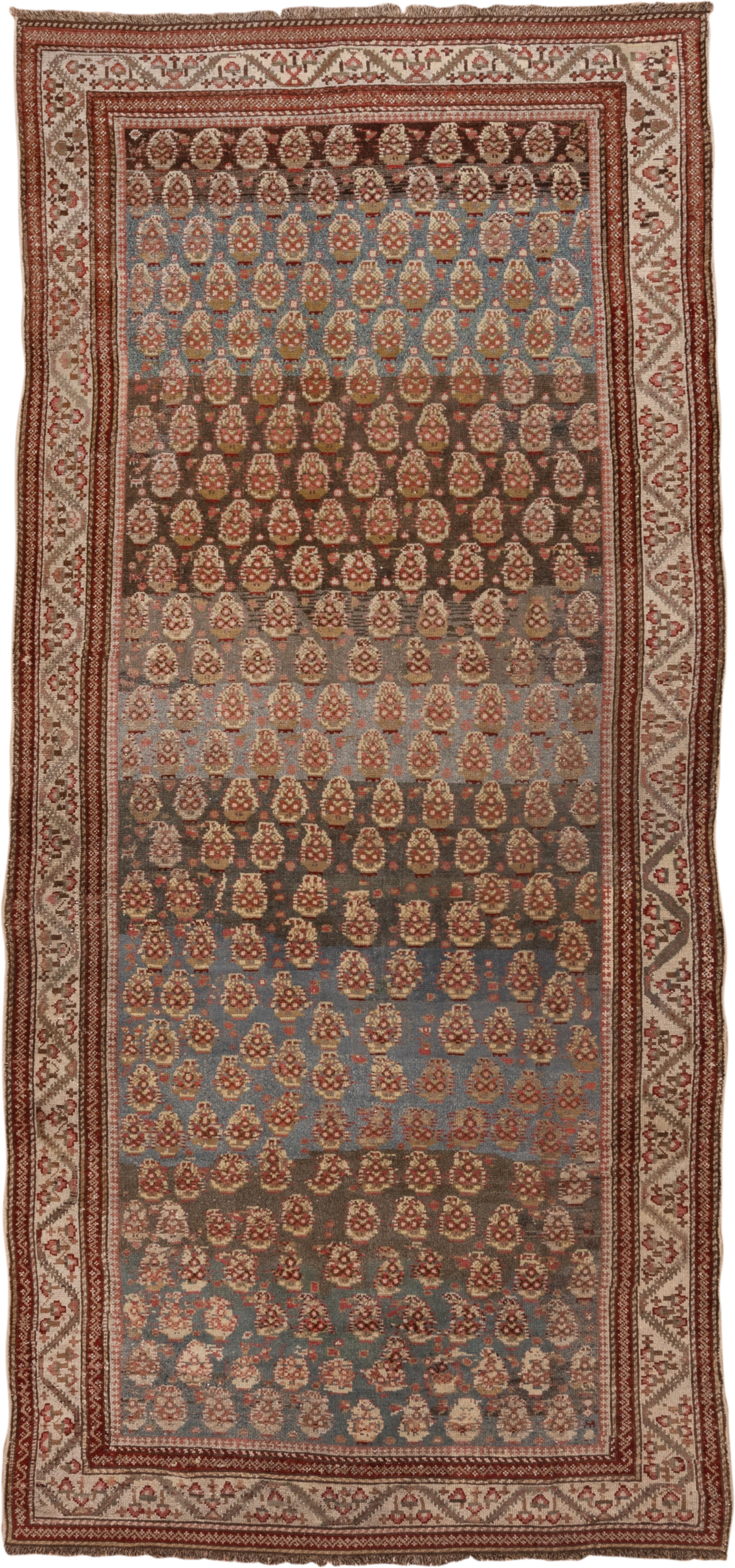 4' x 10' one-of-a-kind handmade antique Malayer runner rug. Color palette: blue, ivory, rust, brown, taupe, terracotta