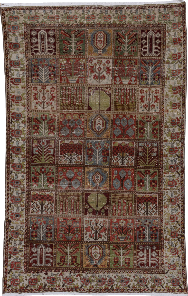 6' x 10' one-of-a-kind handmade vintage Baktiary large size rug. Color palette: brown, gray, light gray, off-white, pink