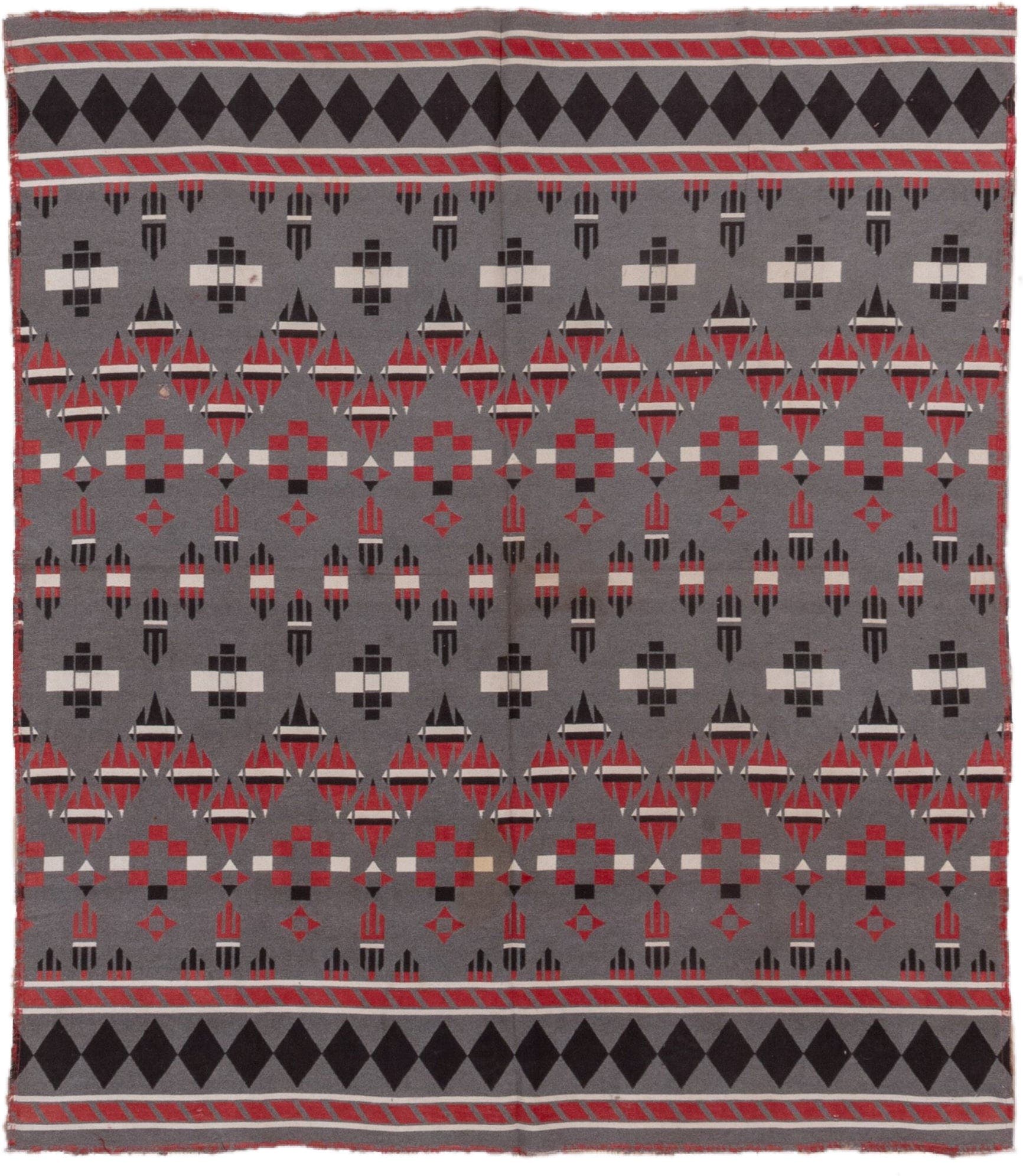 5' x 6' one-of-a-kind handmade vintage Blanket rug. Color palette: gray, charcoal, crimson, ivory, taupe, black, red, beige