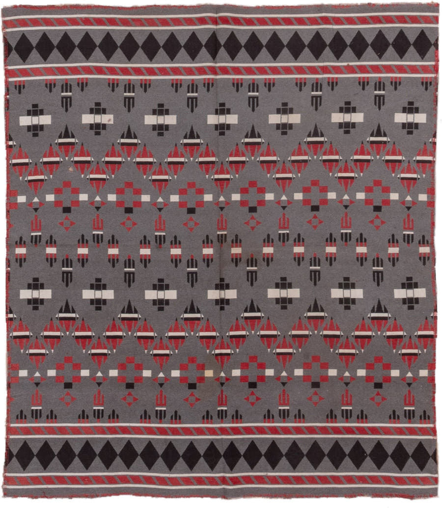 5' x 6' one-of-a-kind handmade vintage Blanket rug. Color palette: gray, charcoal, crimson, ivory, taupe, black, red, beige