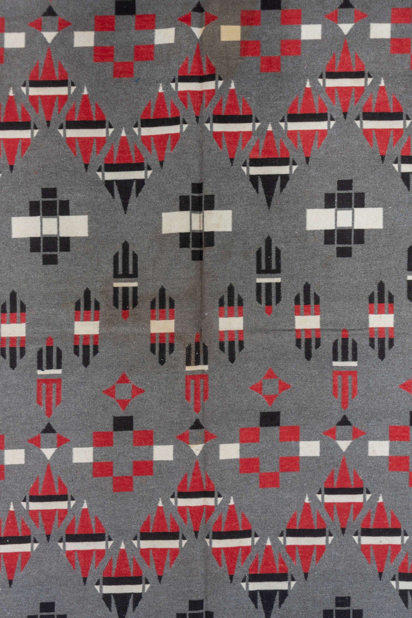 5' x 6' one-of-a-kind handmade vintage Blanket rug. Color palette: gray, charcoal, crimson, ivory, taupe, black, red, beige