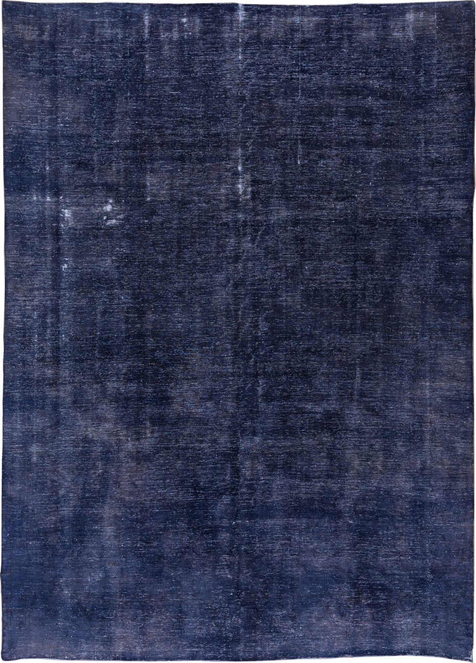 9' x 13' one-of-a-kind handmade vintage Overdyed large size rug. Color palette: blue, fiord, gray, light blue