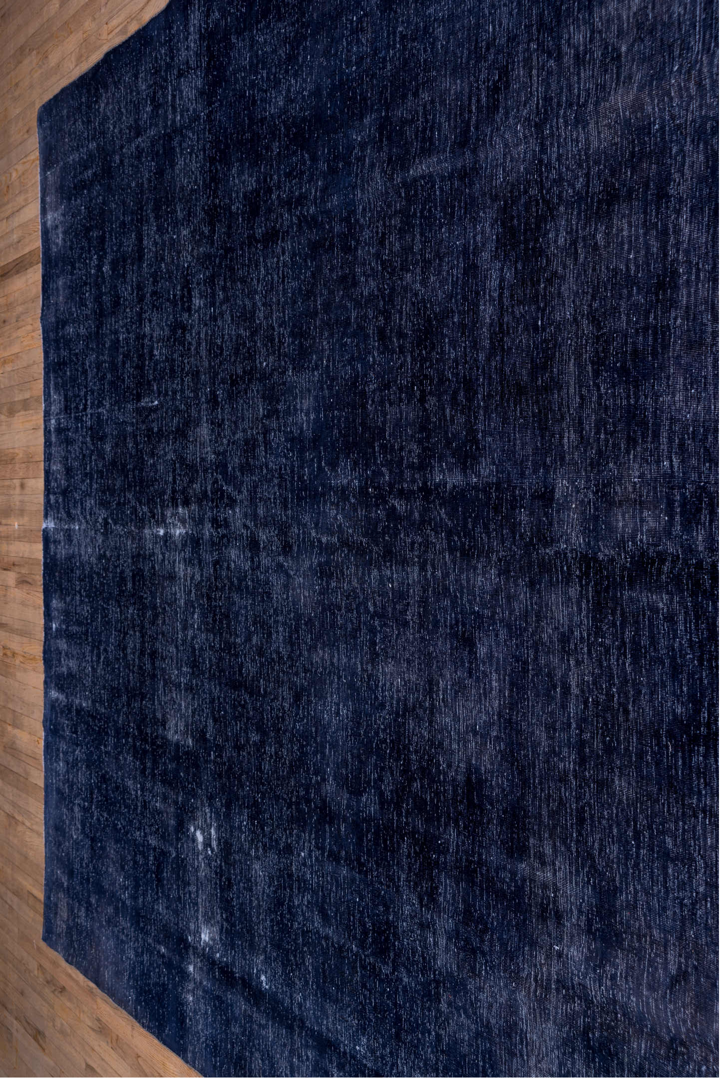 9' x 13' one-of-a-kind handmade vintage Overdyed large size rug. Color palette: indigo, navy, slate, charcoal, ivory, purple