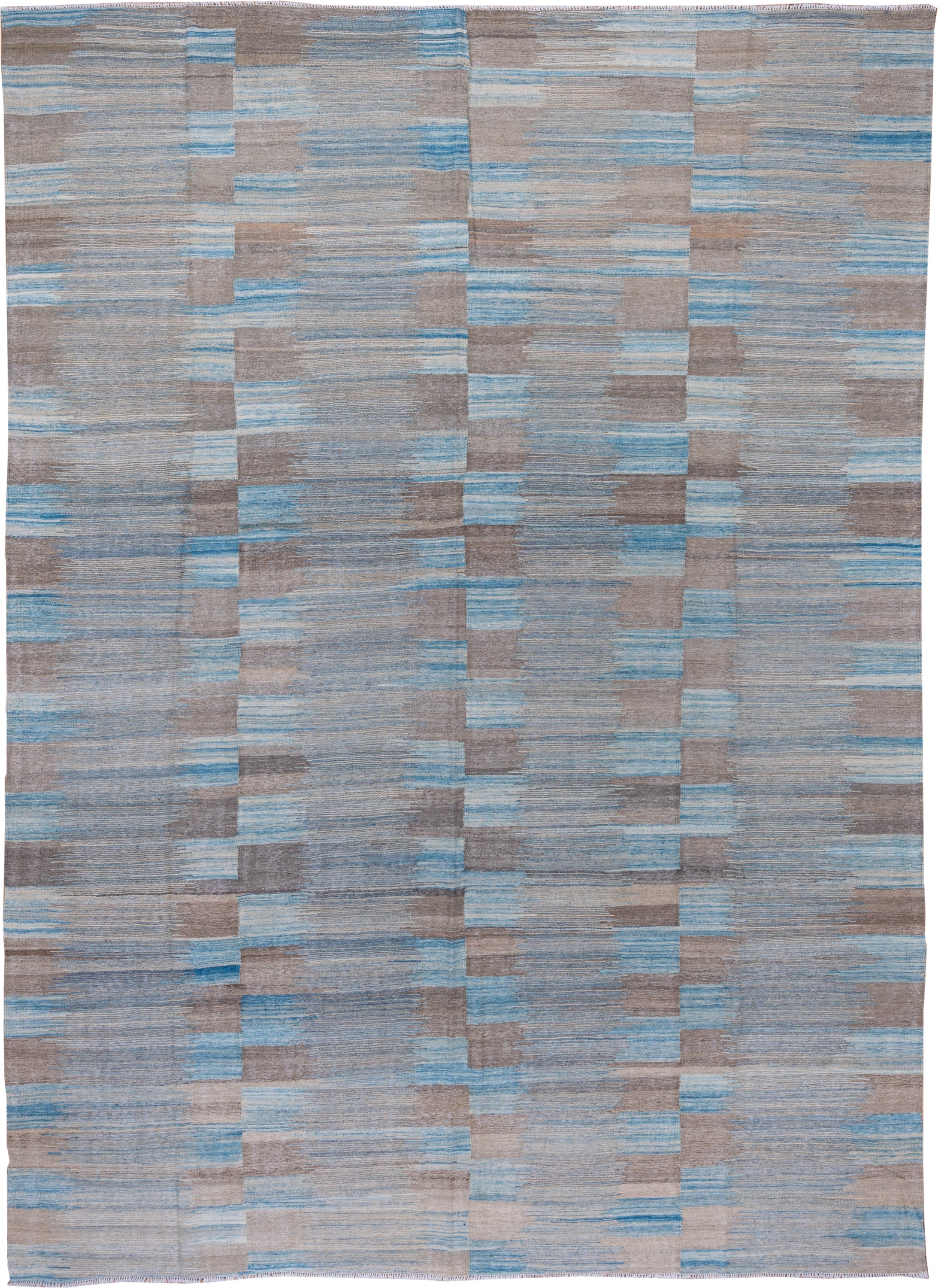8' x 11' one-of-a-kind handmade vintage Kilim large size rug. Color palette: taupe, sky blue, gray, ivory, beige, light blue