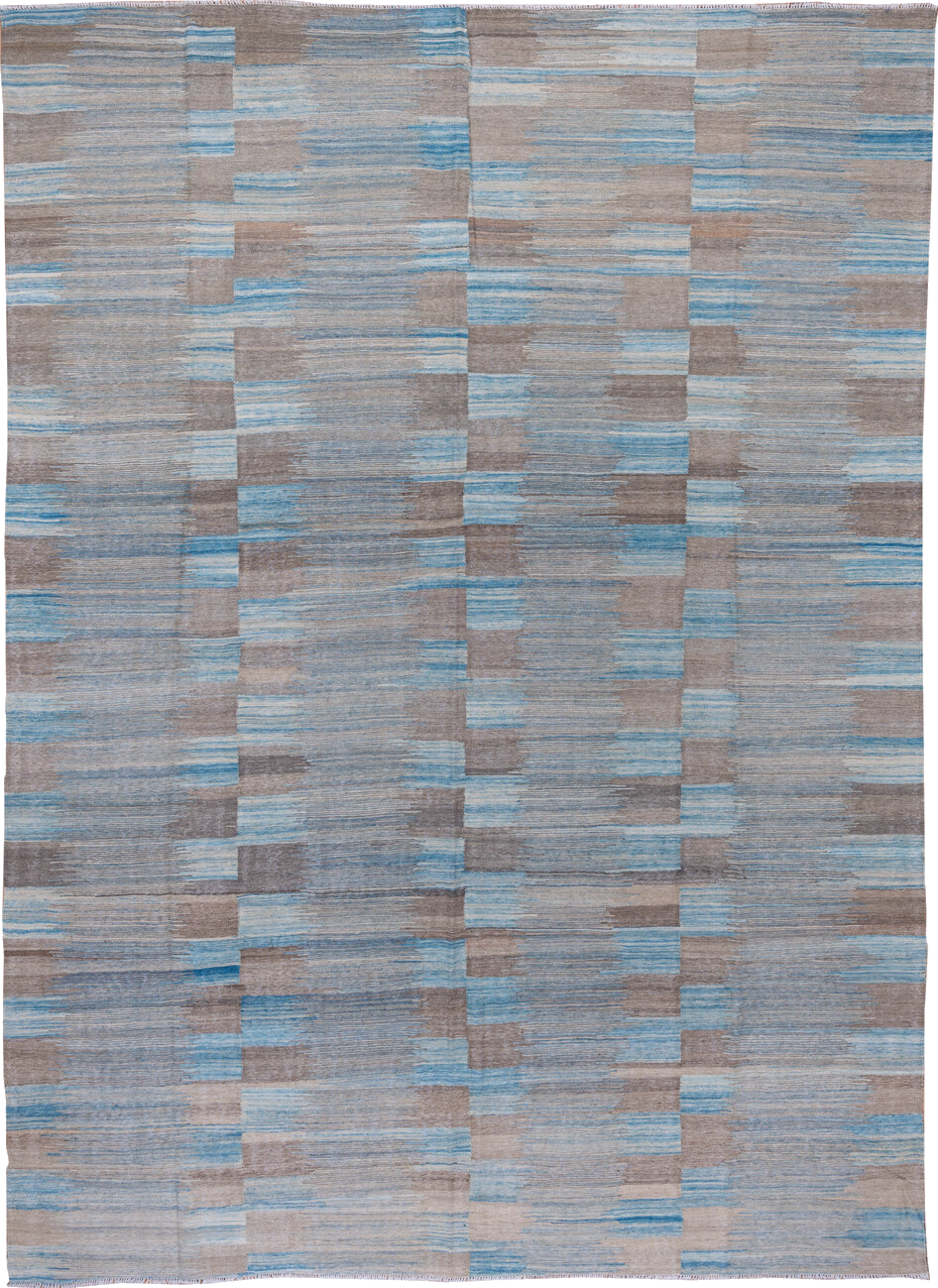 8' x 11' one-of-a-kind handmade vintage Kilim large size rug. Color palette: blue, dark gray, gray, light blue, light gray