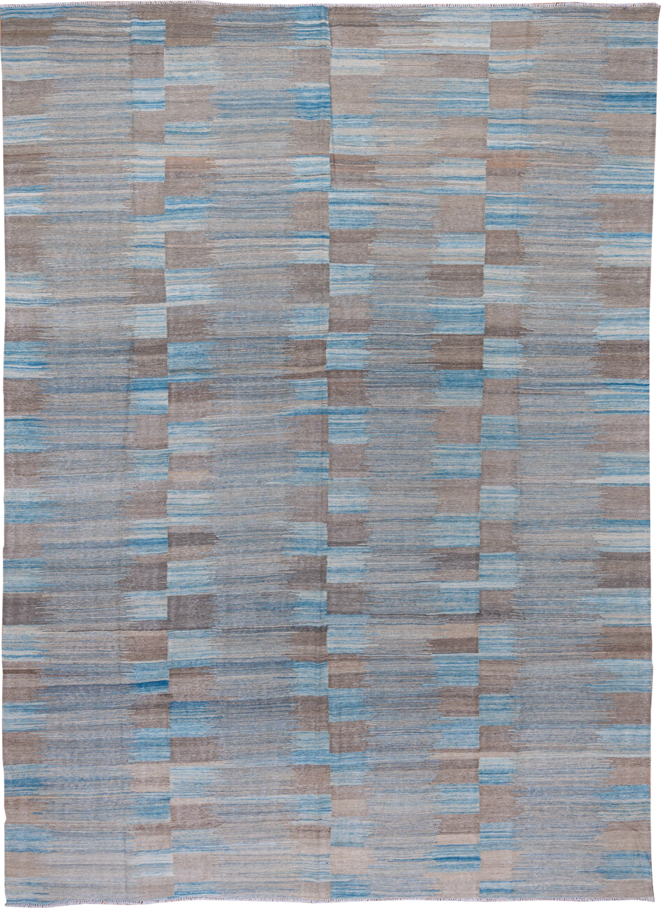 8' x 11' one-of-a-kind handmade vintage Kilim large size rug. Color palette: taupe, sky blue, gray, ivory, beige, light blue