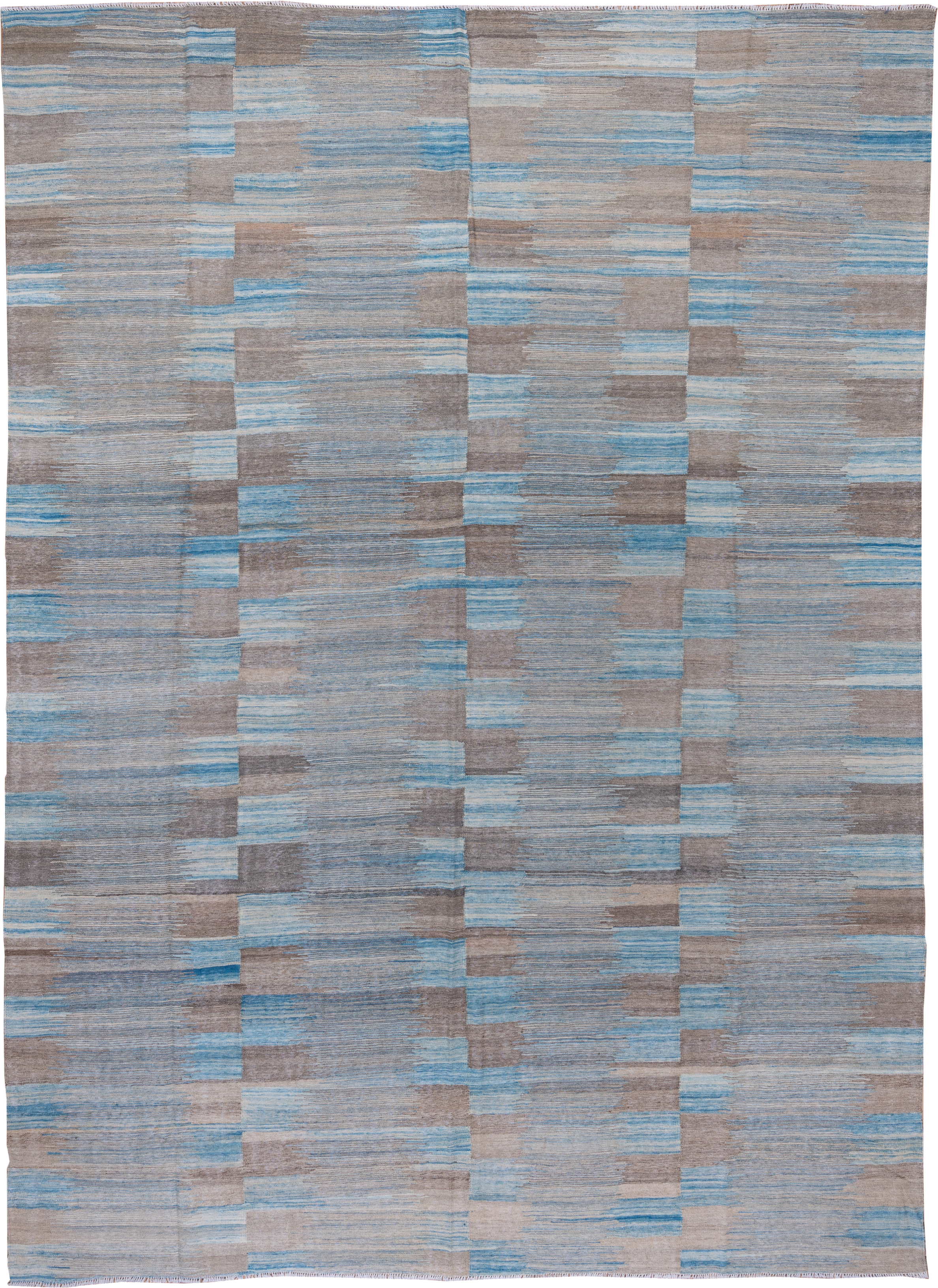 8' x 11' one-of-a-kind handmade vintage Kilim large size rug. Color palette: taupe, sky blue, gray, ivory, beige, light blue