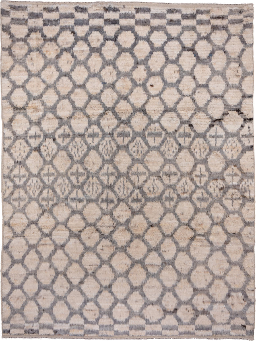 8' x 11' one-of-a-kind handmade vintage Moroccan large size rug. Color palette: ivory, gray, cream, taupe, charcoal, beige