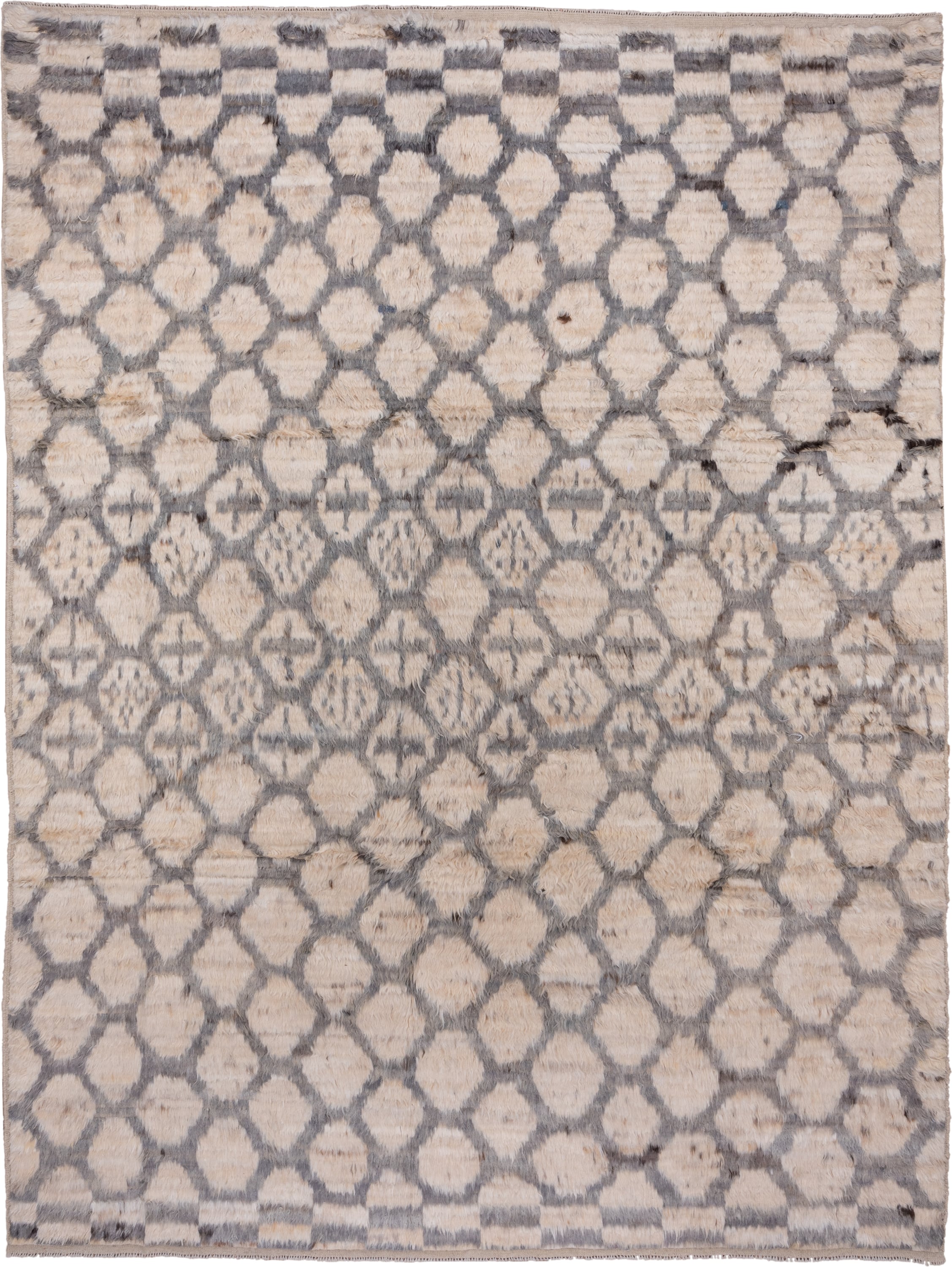 8' x 11' one-of-a-kind handmade vintage Moroccan large size rug. Color palette: ivory, gray, cream, taupe, charcoal, beige