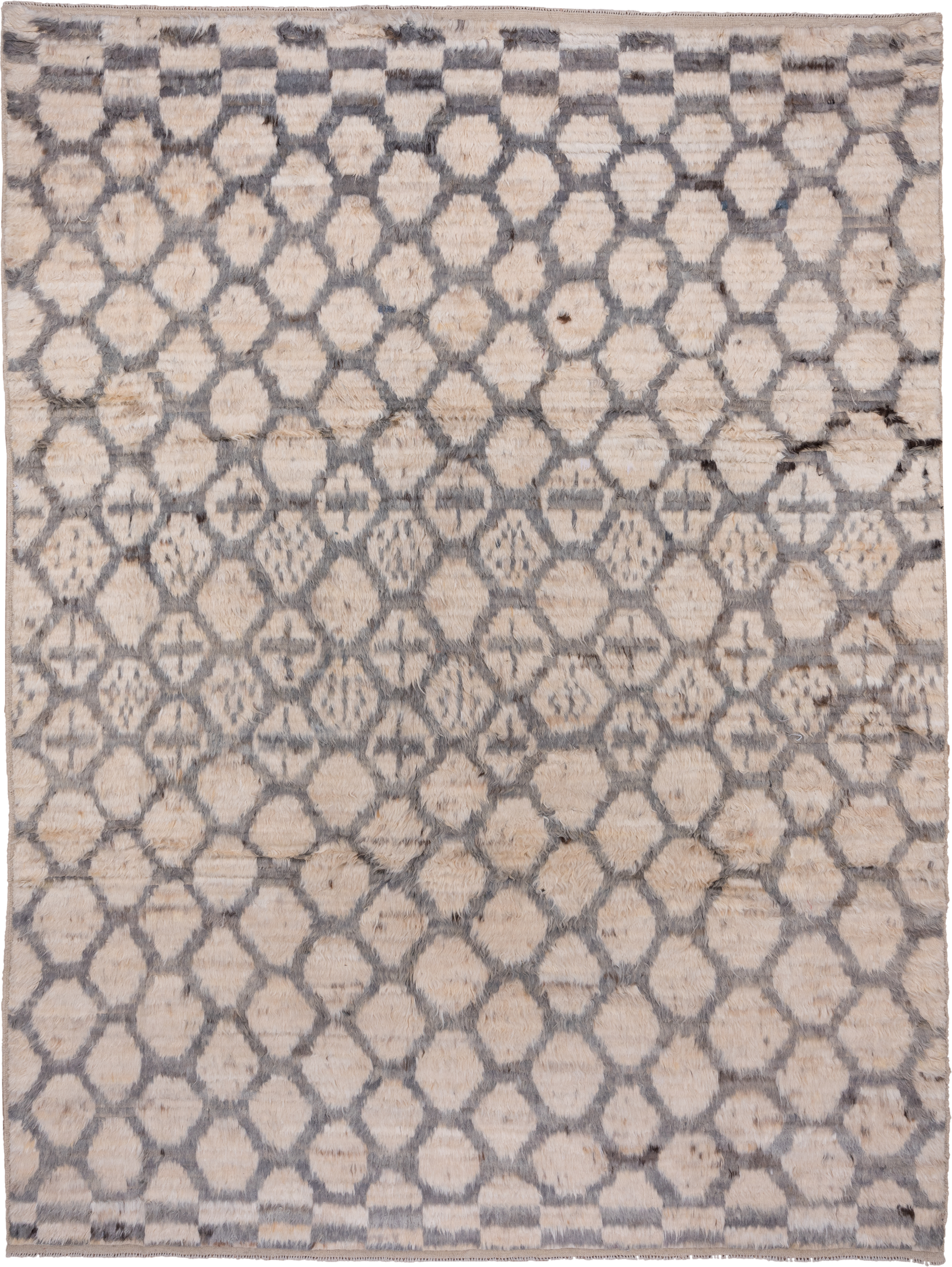 8' x 11' one-of-a-kind handmade vintage Moroccan large size rug. Color palette: ivory, gray, cream, taupe, charcoal, beige