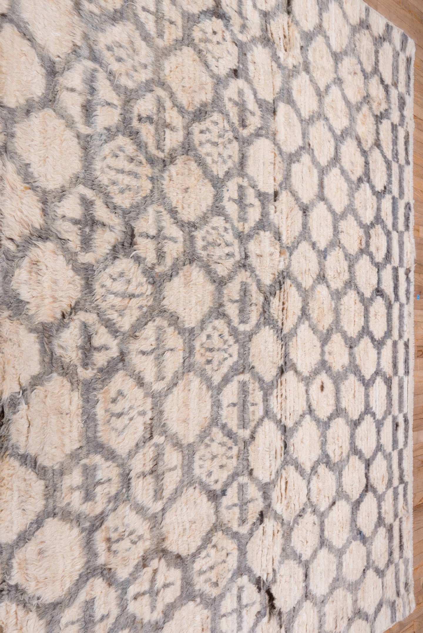 8' x 11' one-of-a-kind handmade vintage Moroccan large size rug. Color palette: ivory, gray, cream, taupe, charcoal, beige