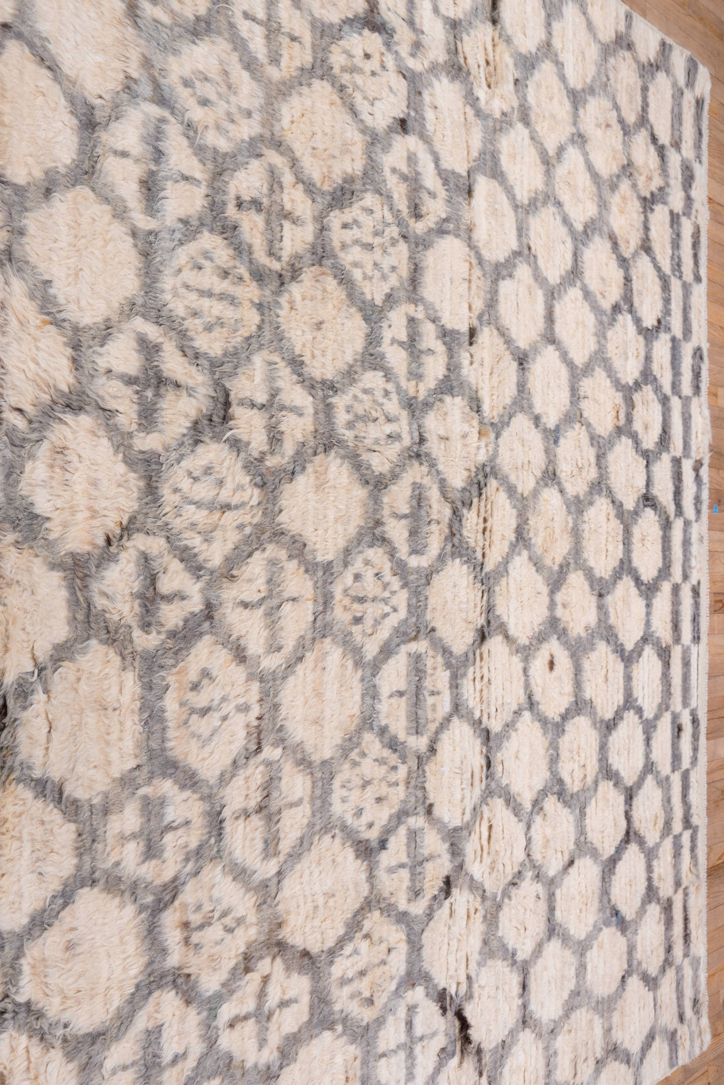 8' x 11' one-of-a-kind handmade vintage Moroccan large size rug. Color palette: ivory, gray, cream, taupe, charcoal, beige