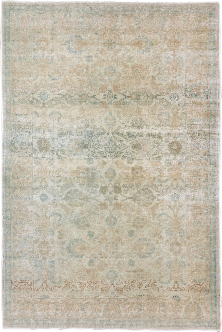 4' x 6' one-of-a-kind handmade antique Sivas small size rug. Color palette: ivory, pale blue, beige, taupe, terra cotta