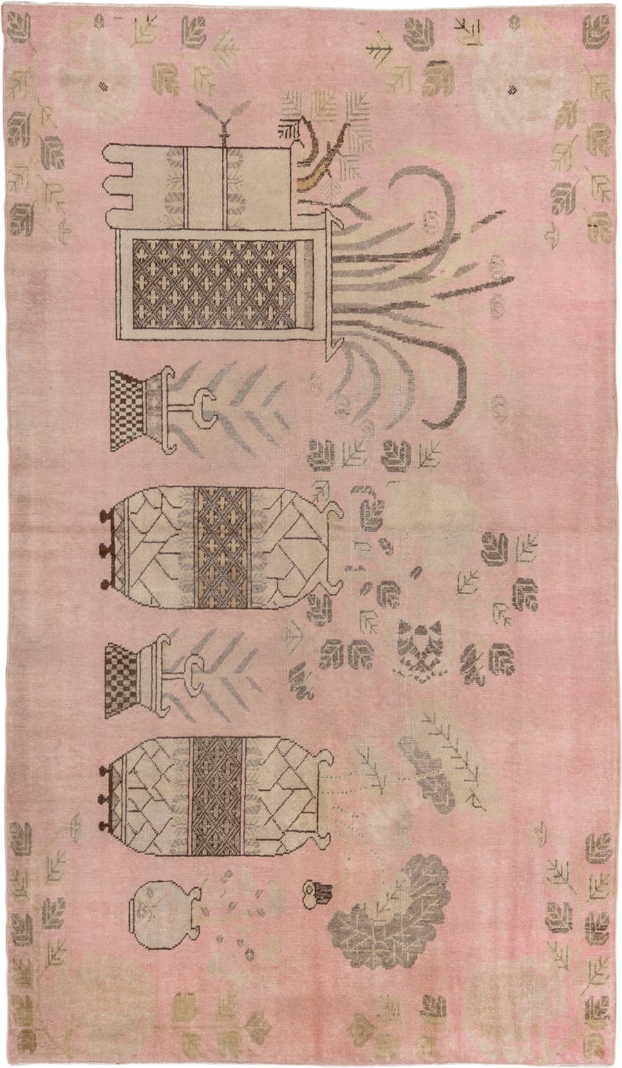 4' x 7' one-of-a-kind handmade antique Khotan rug. Color palette: rose, taupe, ivory, olive, beige, charcoal, pink, red