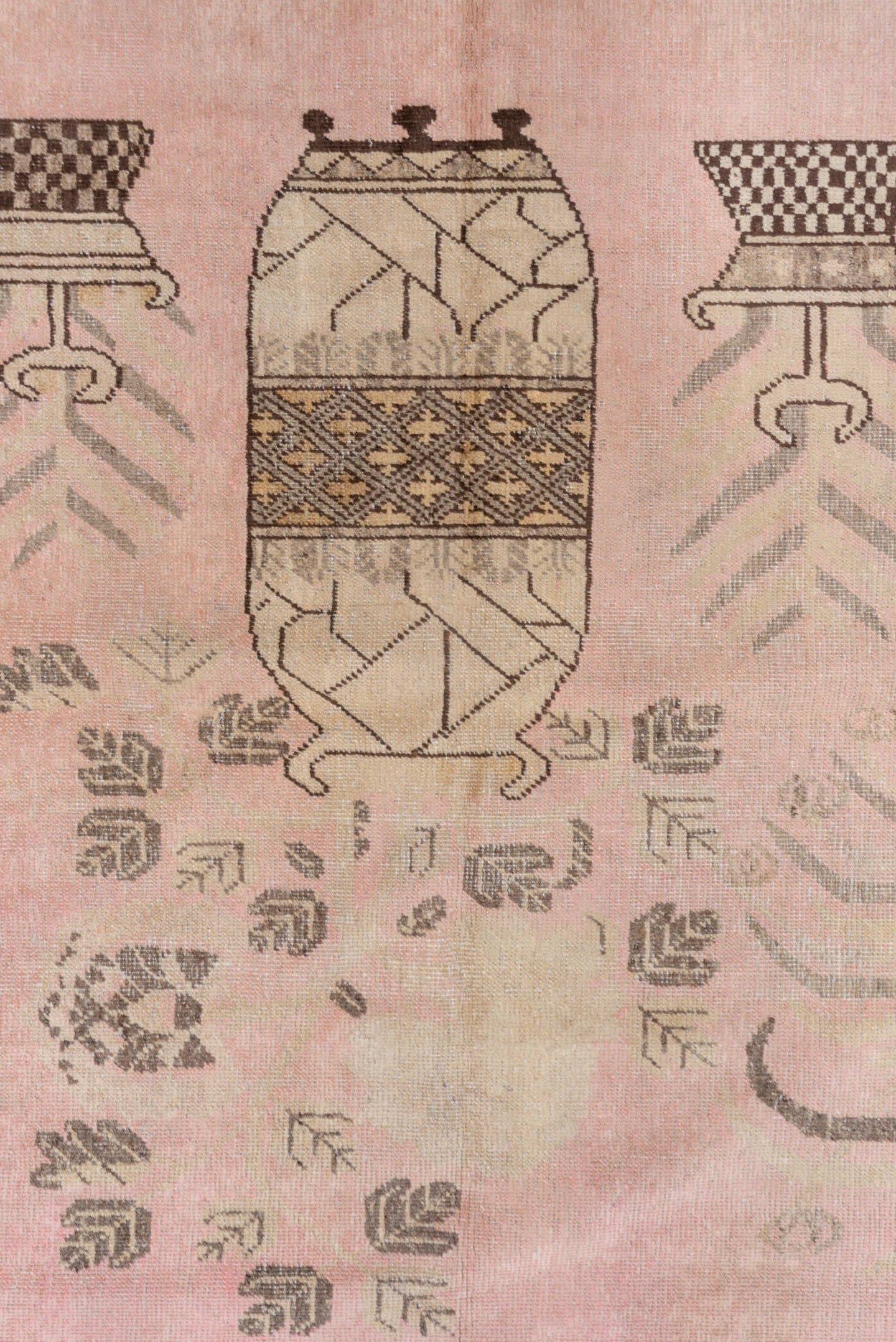 4' x 7' one-of-a-kind handmade antique Khotan rug. Color palette: rose, taupe, ivory, olive, beige, charcoal, pink, red