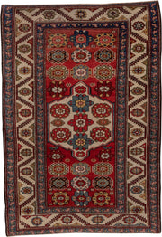 4' x 5' one-of-a-kind handmade antique NW Persian small size rug. Color palette: red, ivory, blue, burgundy, gold, camel