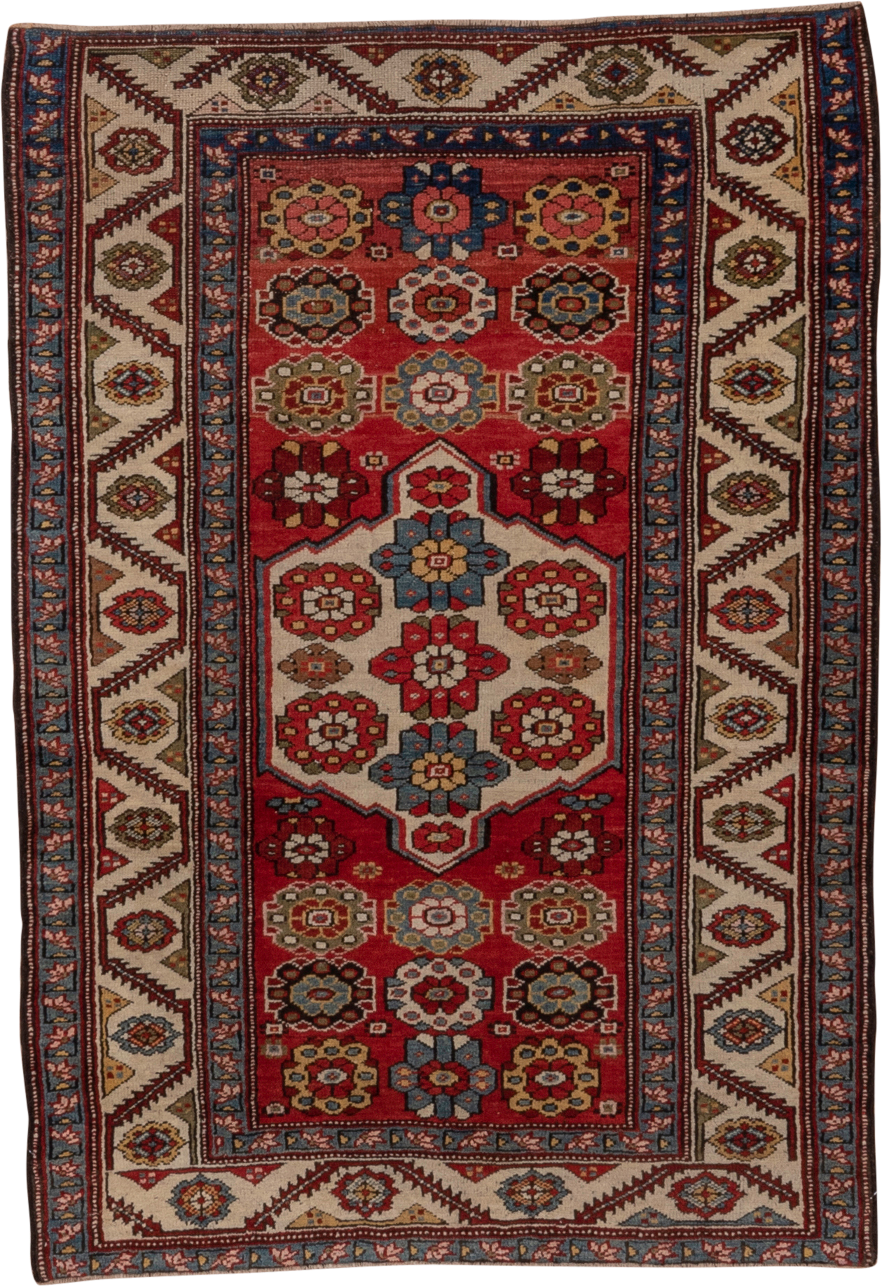 4' x 5' one-of-a-kind handmade antique NW Persian small size rug. Color palette: red, ivory, blue, burgundy, gold, camel