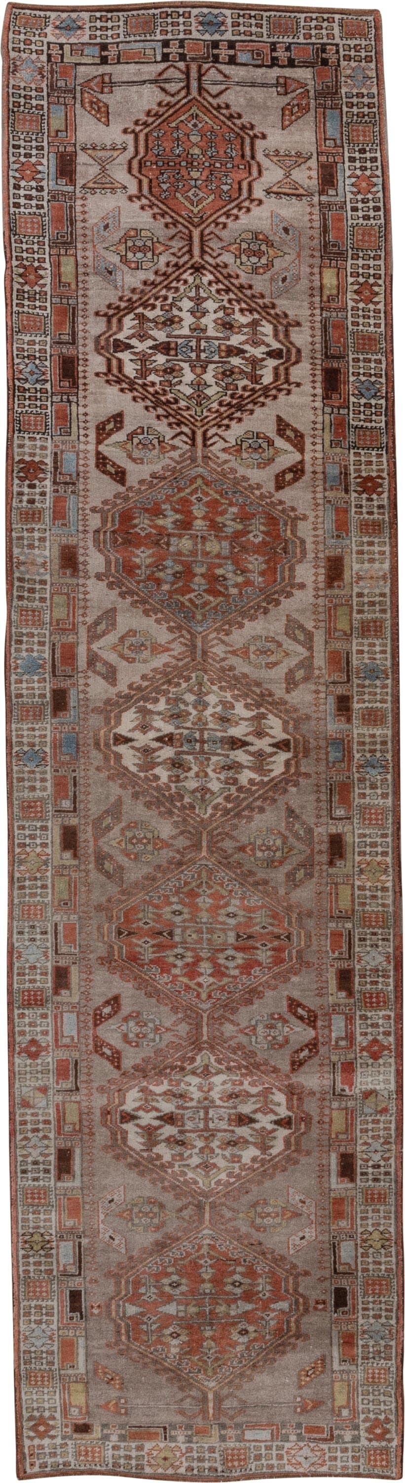 2' x 10' one-of-a-kind handmade antique Sarab runner rug. Color palette: taupe, rust, ivory, brown, pale blue, camel, beige