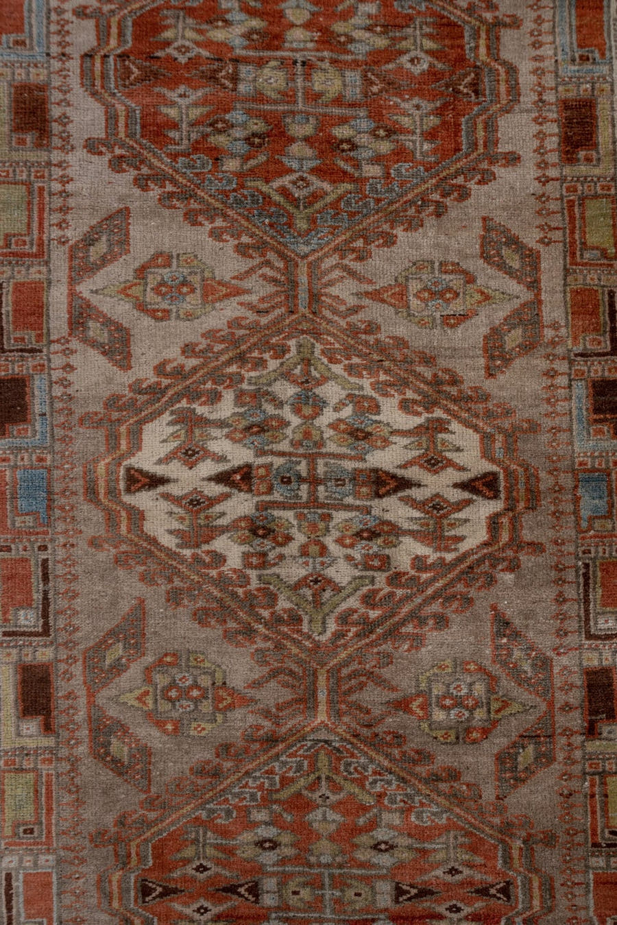 2' x 10' one-of-a-kind handmade antique Sarab runner rug. Color palette: taupe, rust, ivory, brown, pale blue, camel, beige