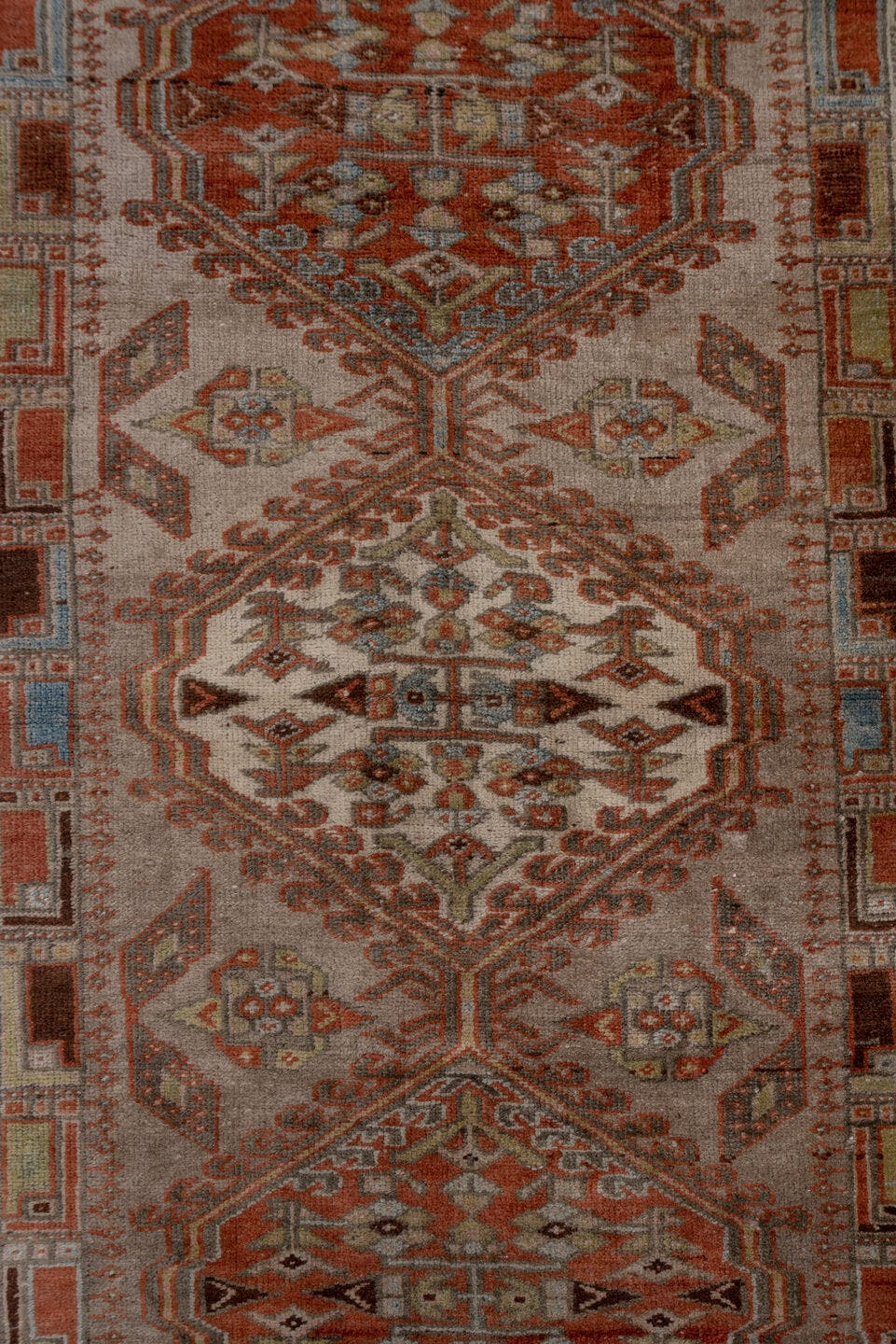 2' x 10' one-of-a-kind handmade antique Sarab runner rug. Color palette: taupe, rust, ivory, brown, pale blue, camel, beige