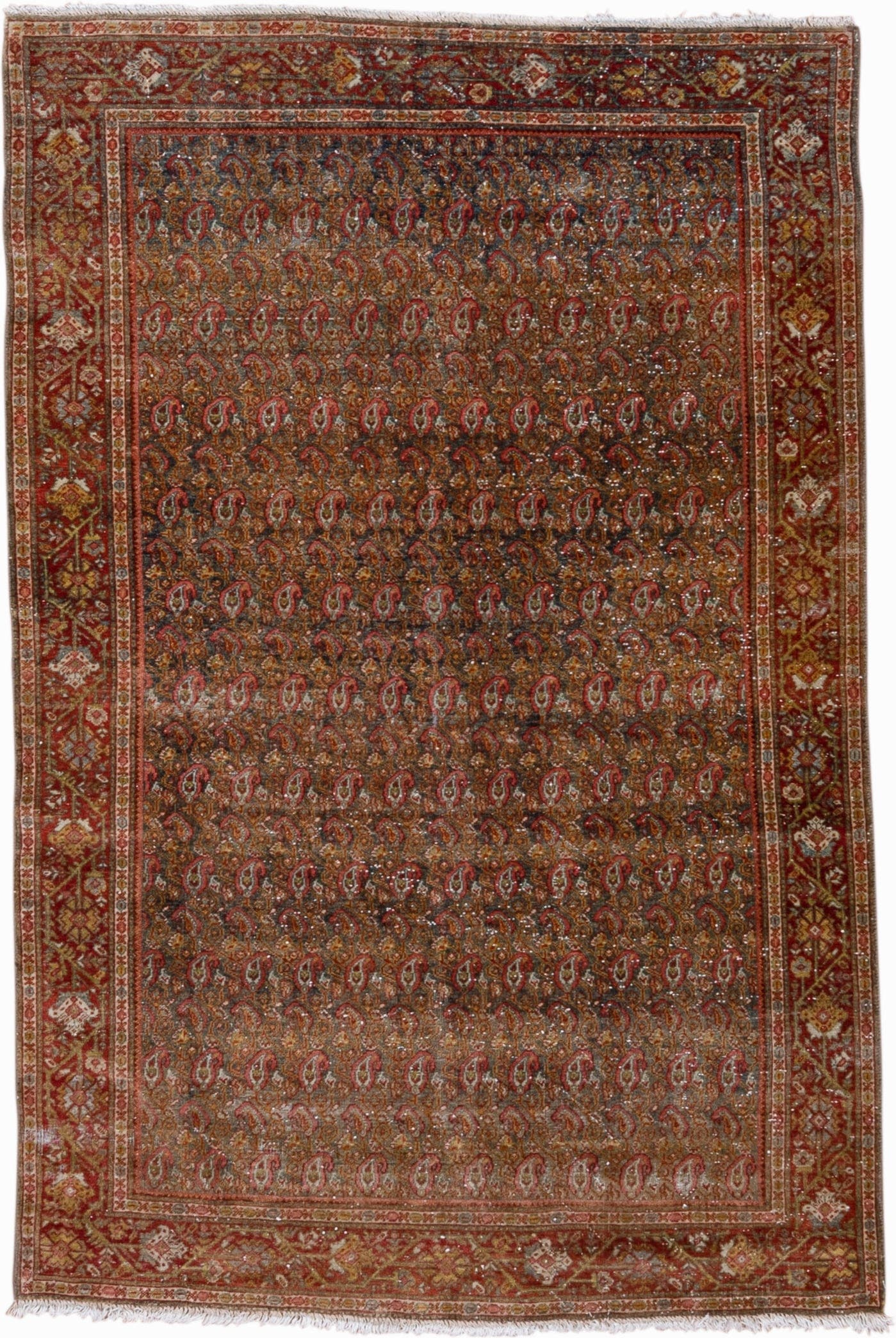 4' x 6' one-of-a-kind handmade antique Sarouk small size rug. Color palette: rust, brick, gold, ivory, navy, camel, brown