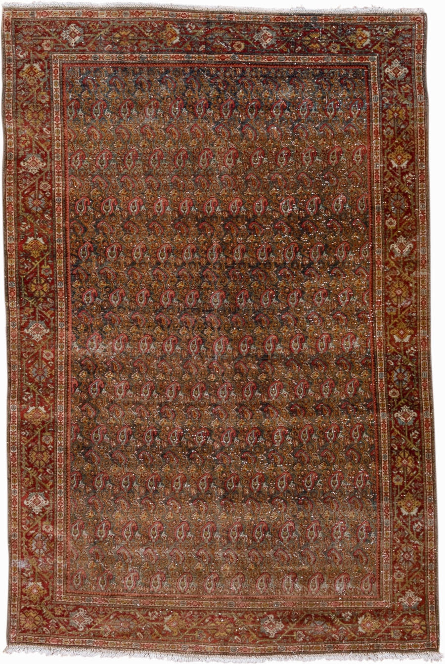 4' x 6' one-of-a-kind handmade antique Sarouk small size rug. Color palette: rust, brick, gold, ivory, navy, camel, brown
