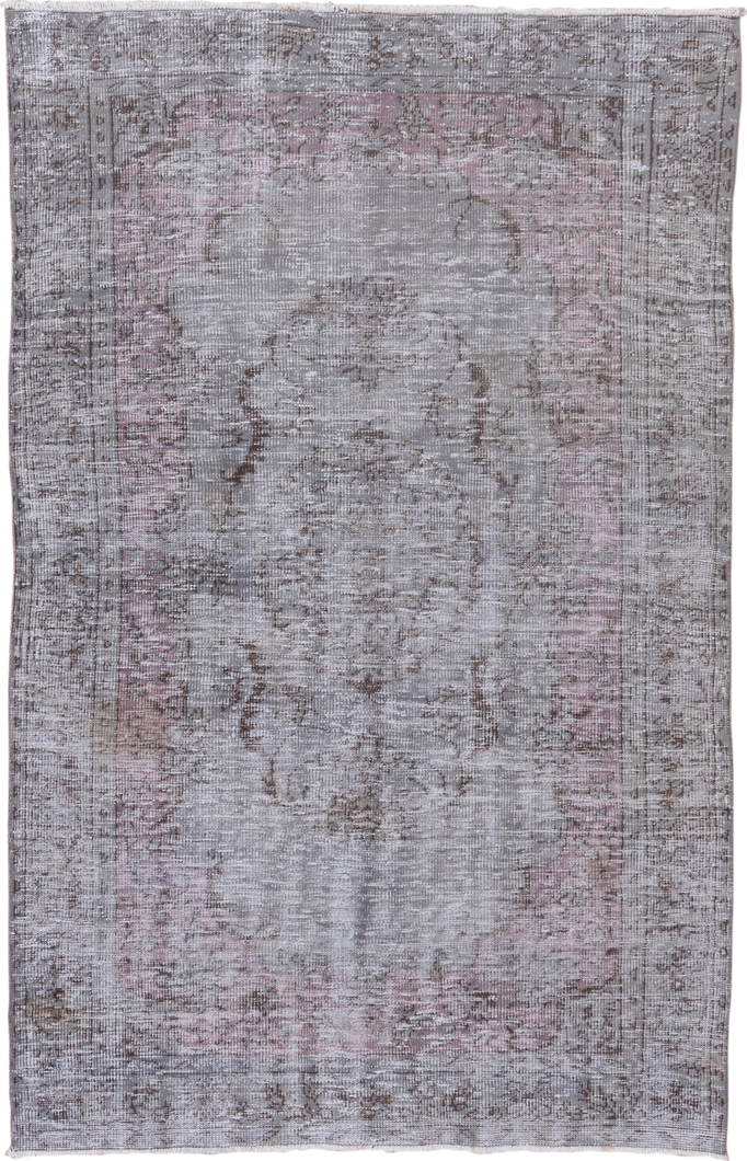 5' x 8' one-of-a-kind handmade vintage Overdyed medium size rug. Color palette: gray, taupe, dusty rose, ivory, mauve, beige