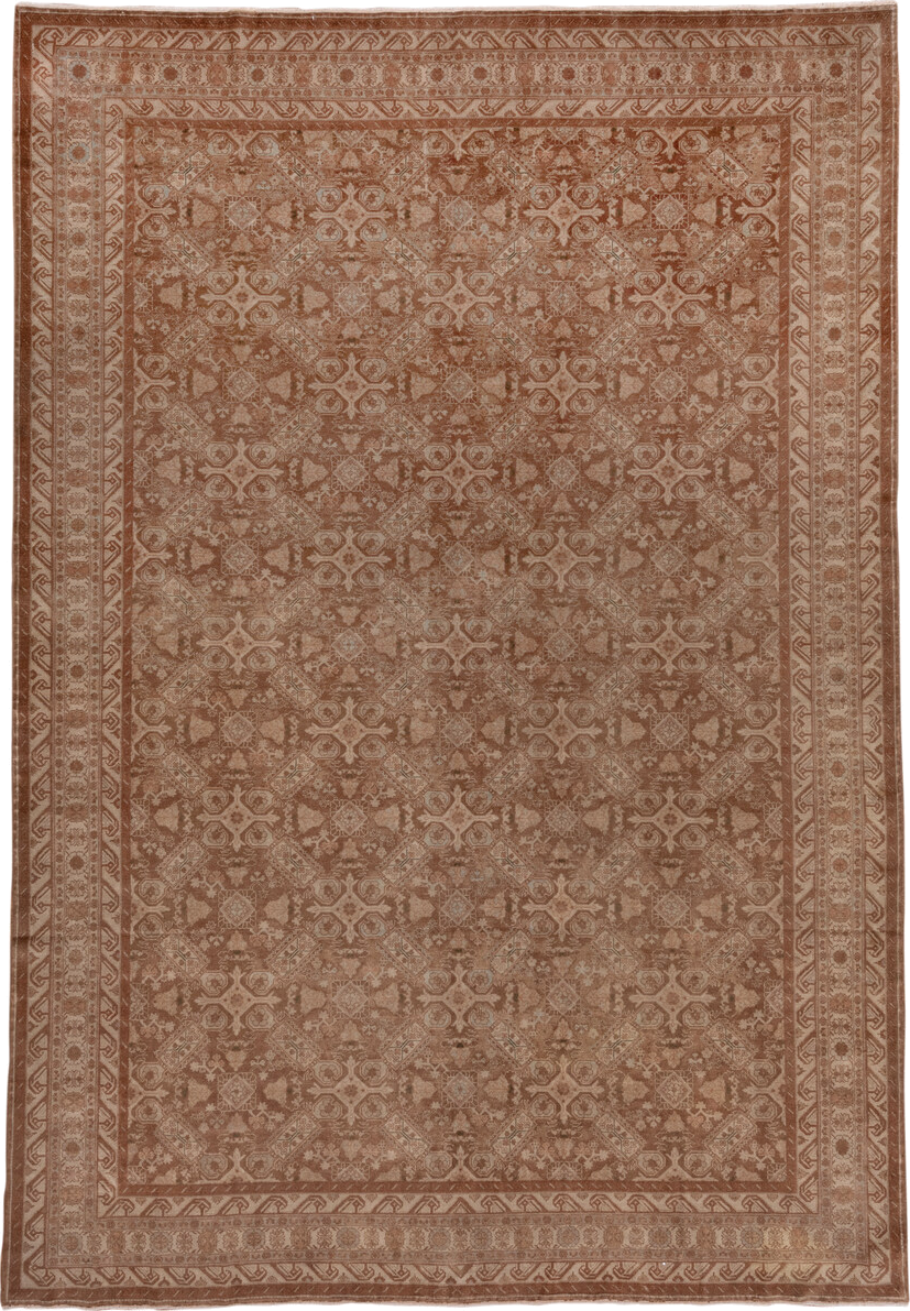 8' x 11' one-of-a-kind handmade antique Sivas large size rug. Color palette: terra cotta, camel, ivory, taupe, rose, sienna