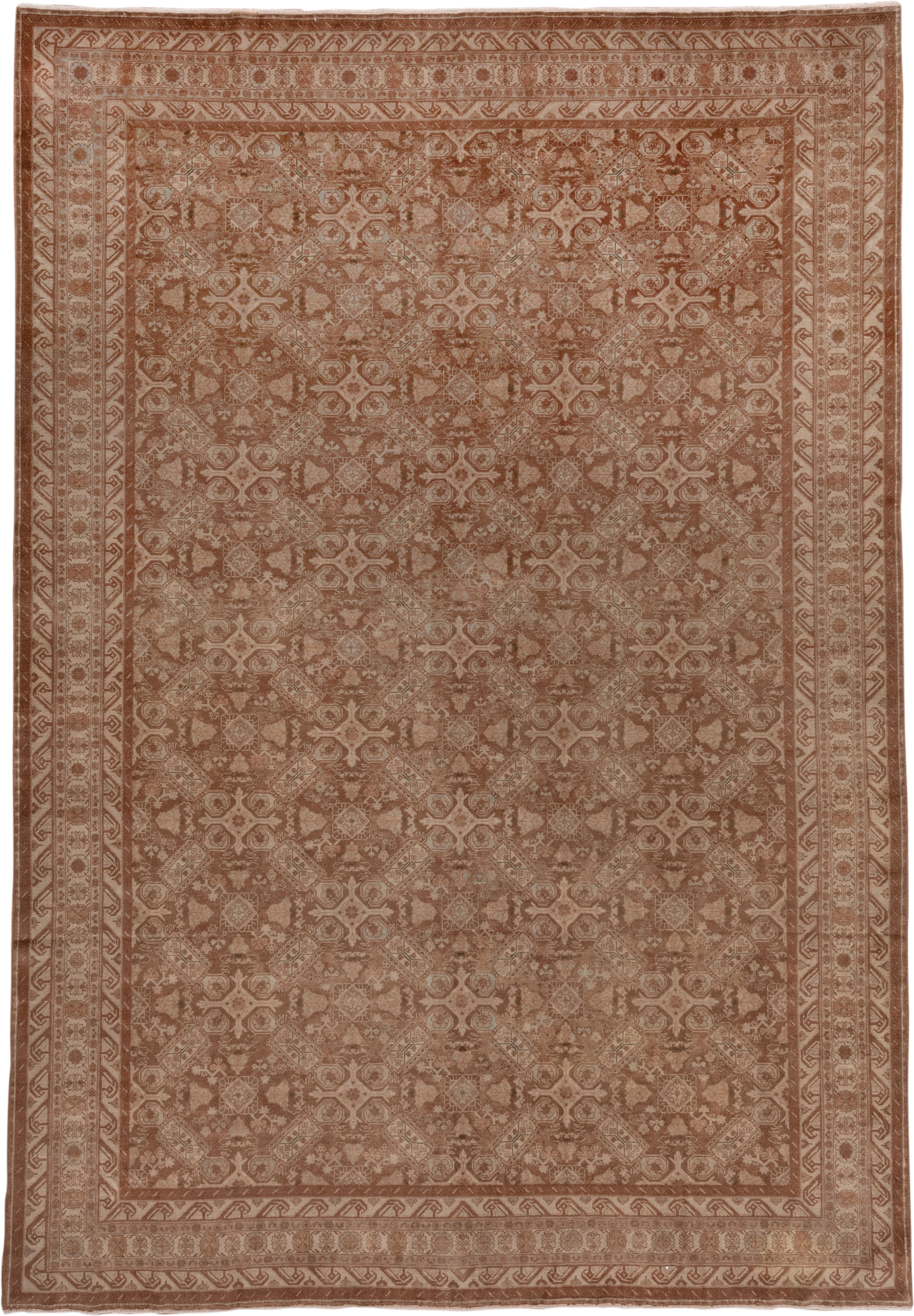 8' x 11' one-of-a-kind handmade antique Sivas large size rug. Color palette: terra cotta, camel, ivory, taupe, rose, sienna