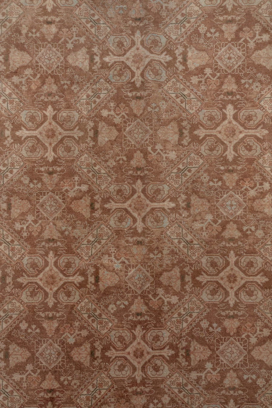 8' x 11' one-of-a-kind handmade antique Sivas large size rug. Color palette: terra cotta, camel, ivory, taupe, rose, sienna
