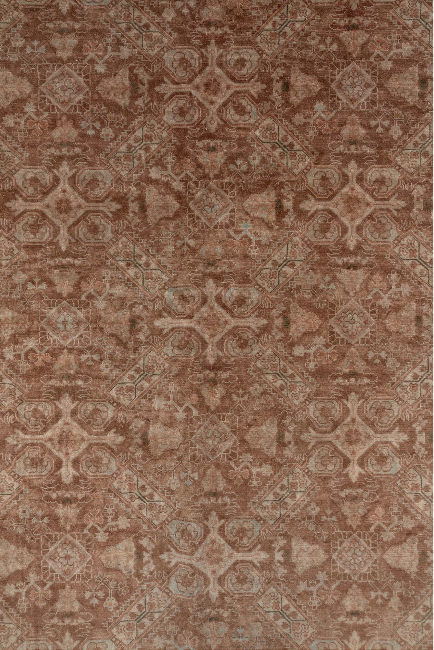 8' x 11' one-of-a-kind handmade antique Sivas large size rug. Color palette: terra cotta, camel, ivory, taupe, rose, sienna