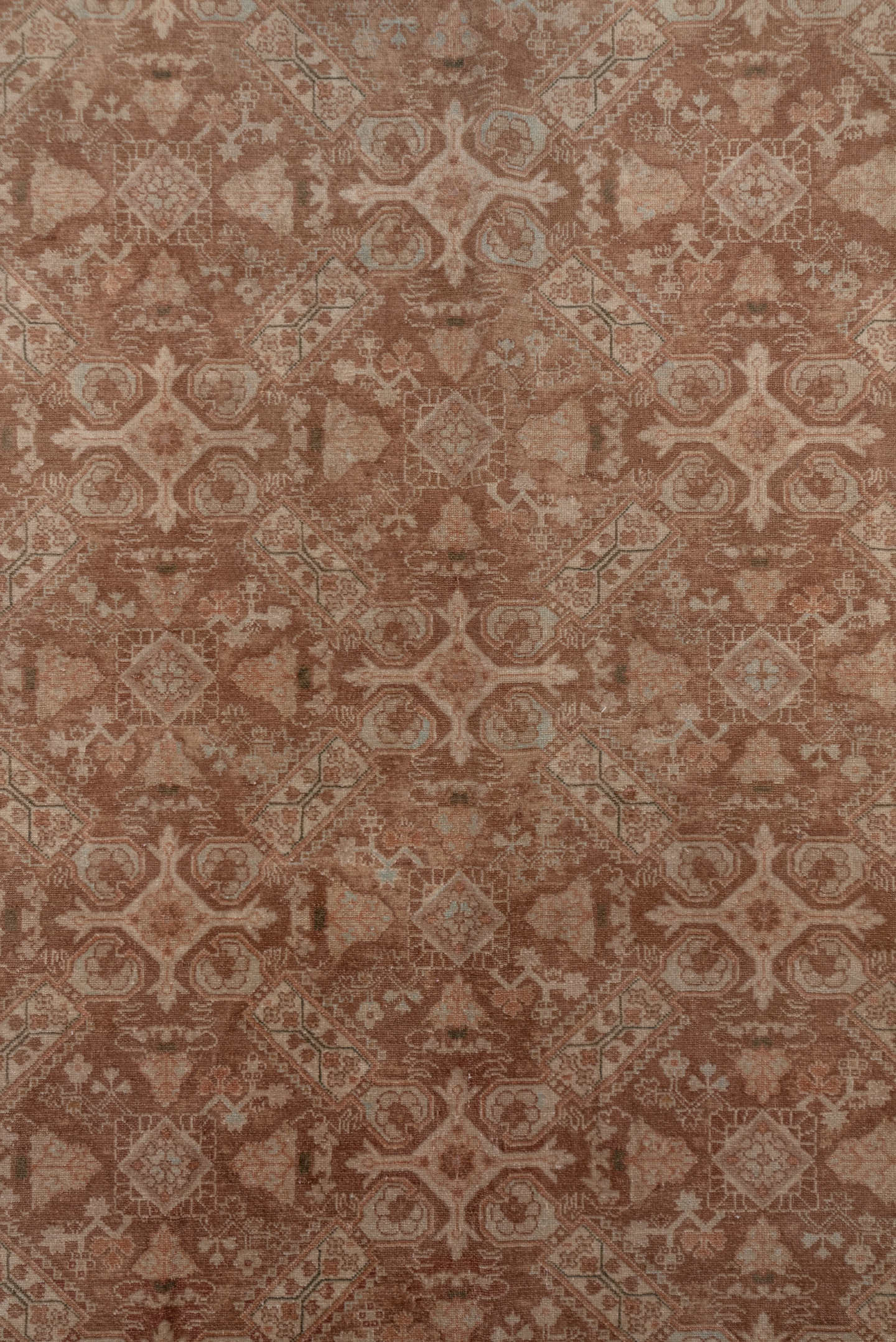 8' x 11' one-of-a-kind handmade antique Sivas large size rug. Color palette: terra cotta, camel, ivory, taupe, rose, sienna
