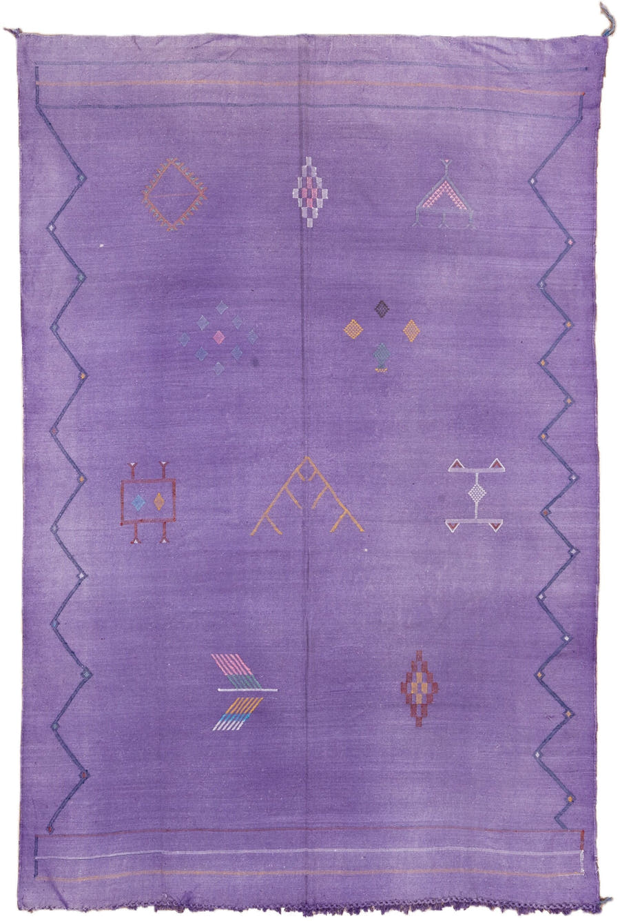 6' x 9' one-of-a-kind handmade vintage Cactus Kilim medium size rug. Color palette: violet, lavender, indigo, rose, saffron