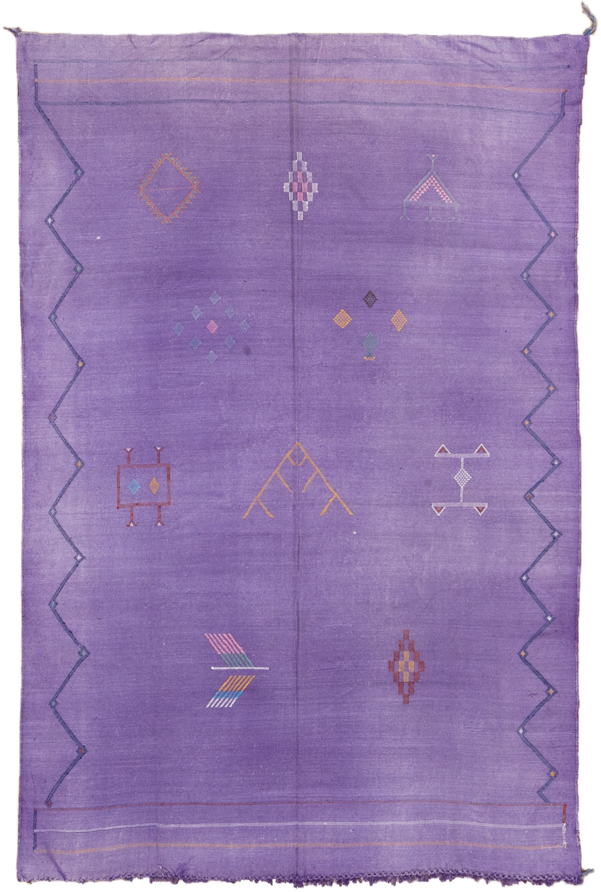 6' x 9' one-of-a-kind handmade vintage Cactus Kilim medium size rug. Color palette: violet, lavender, indigo, rose, saffron