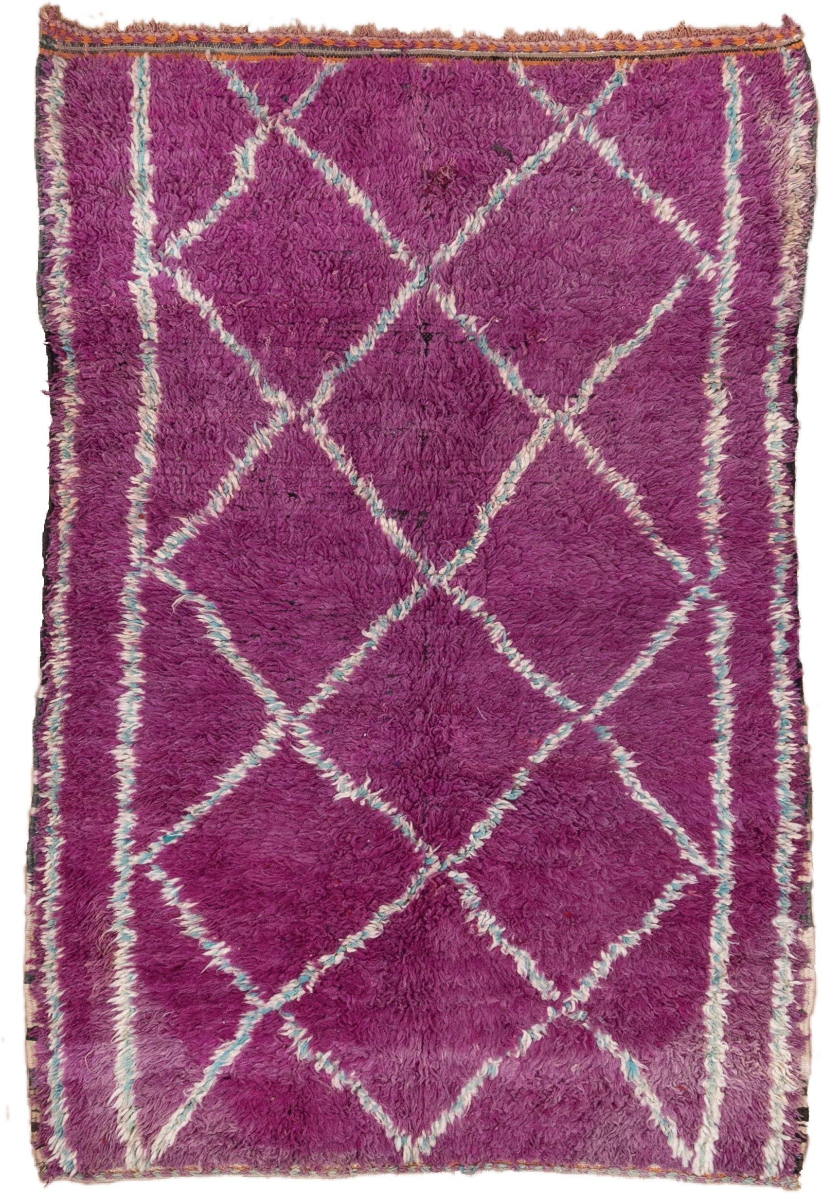 5' x 8' one-of-a-kind handmade vintage Moroccan medium size rug. Color palette: magenta, ivory, aqua, plum, rose, pink, teal