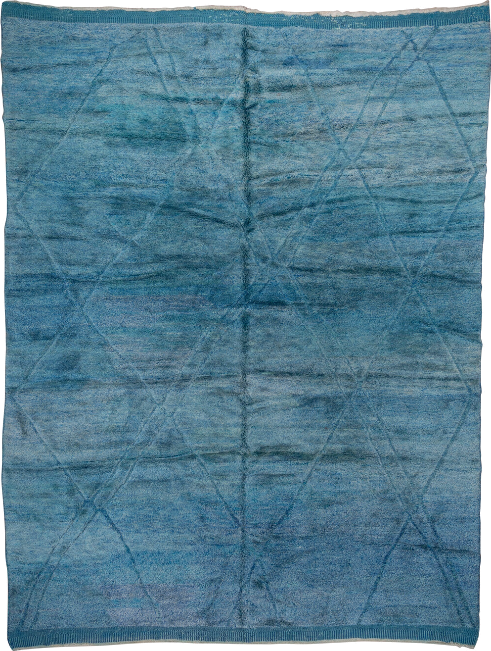 10' x 13' one-of-a-kind handmade vintage Moroccan large size rug. Color palette: sky blue, teal, slate, aqua, light blue