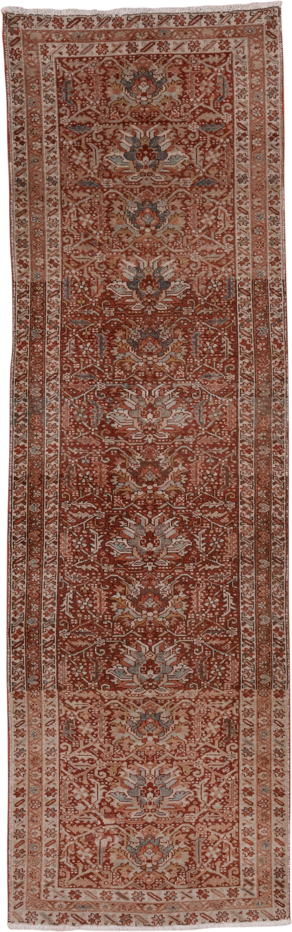 3' x 11' one-of-a-kind handmade antique Karaje runner rug. Color palette: rust, ivory, terra cotta, camel, brown, slate blue