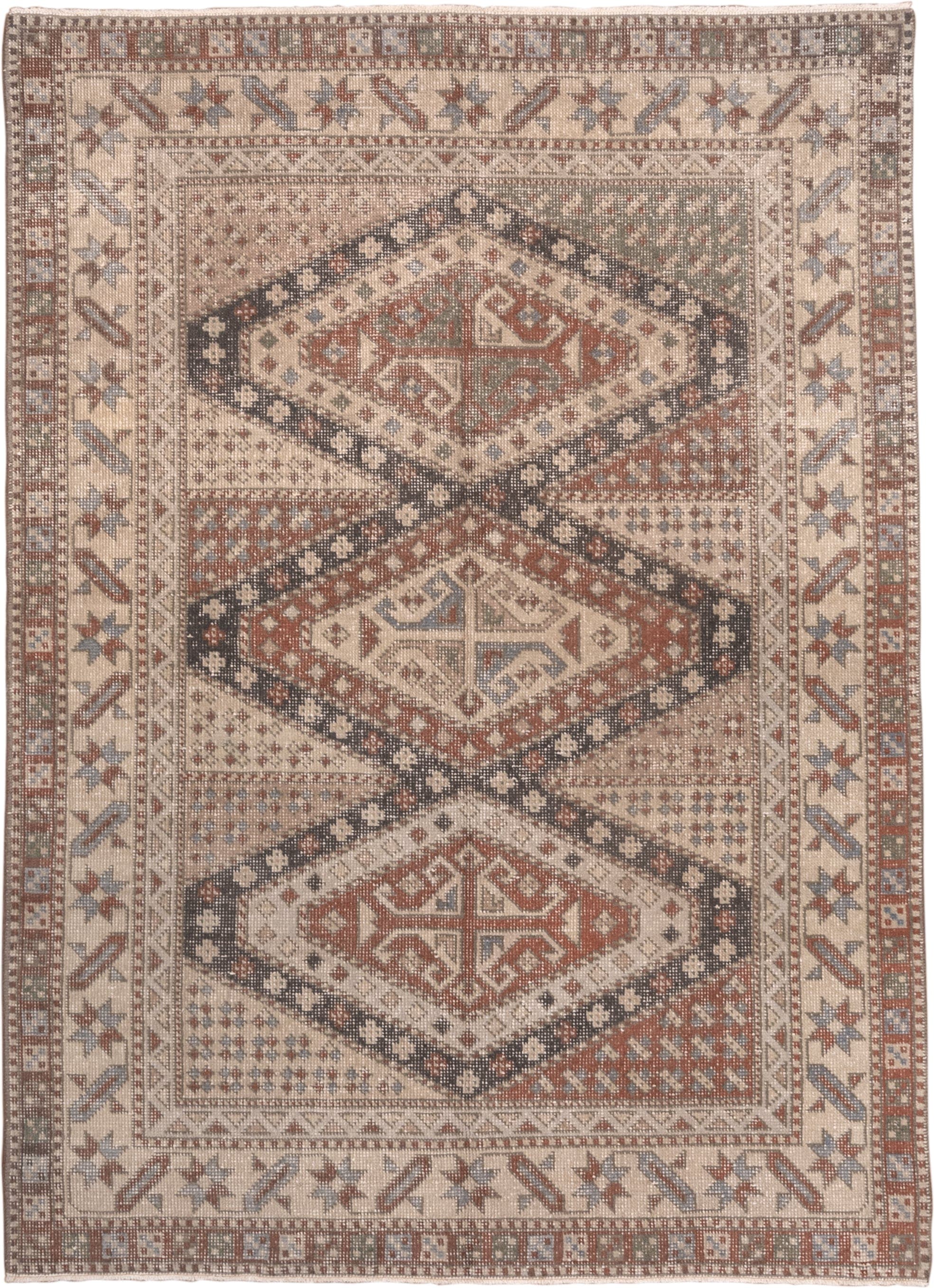 6' x 8' one-of-a-kind handmade antique Sparta medium size rug. Color palette: ivory, rust, brown, slate, taupe, charcoal