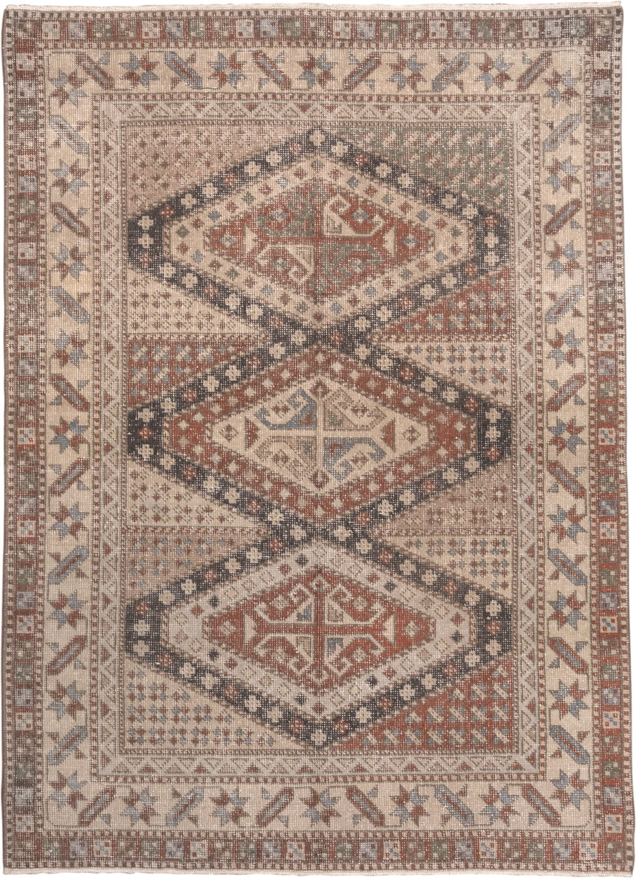 6' x 8' one-of-a-kind handmade antique Sparta medium size rug. Color palette: ivory, rust, brown, slate, taupe, charcoal