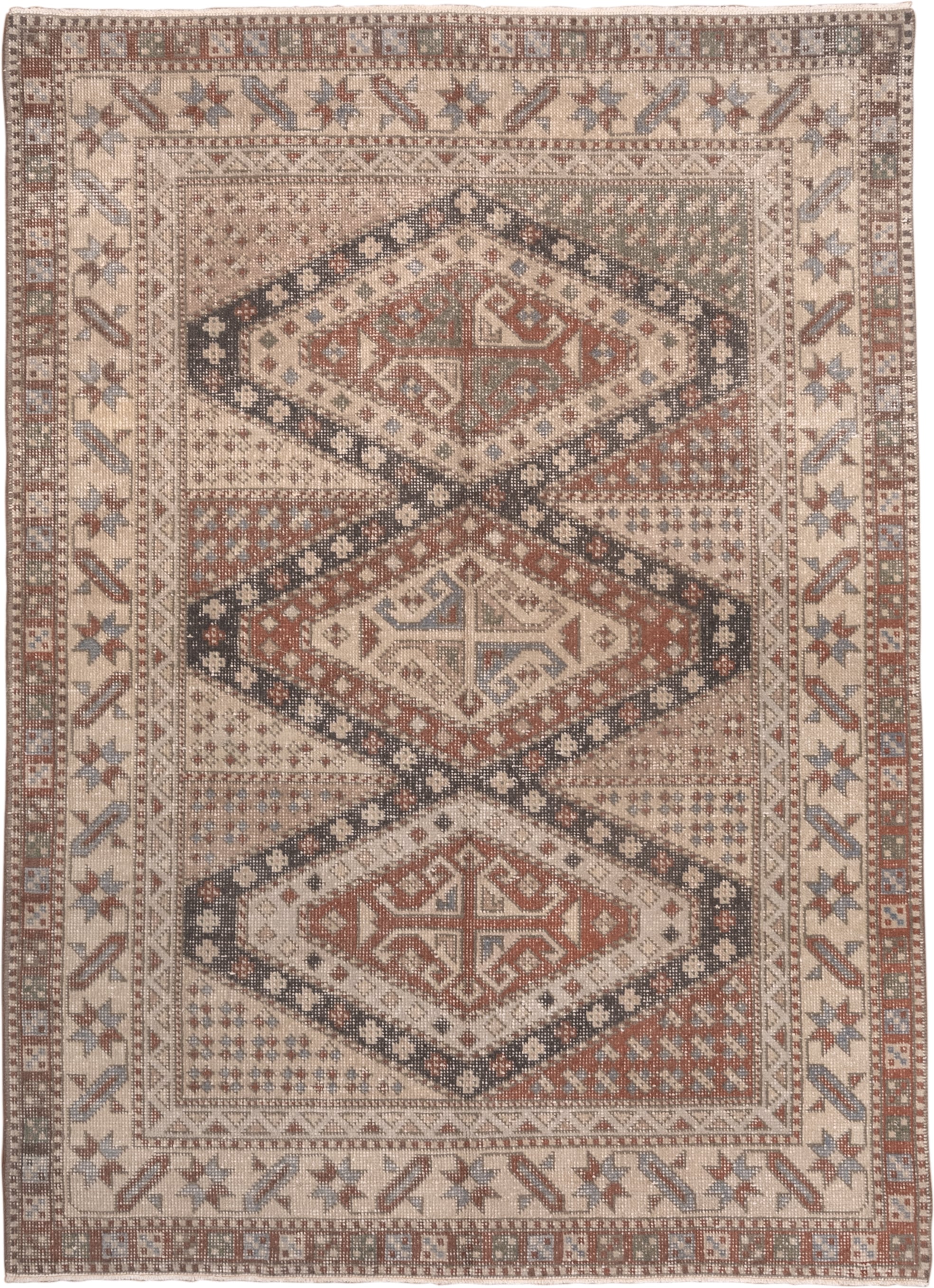 6' x 8' one-of-a-kind handmade antique Sparta medium size rug. Color palette: ivory, rust, brown, slate, taupe, charcoal