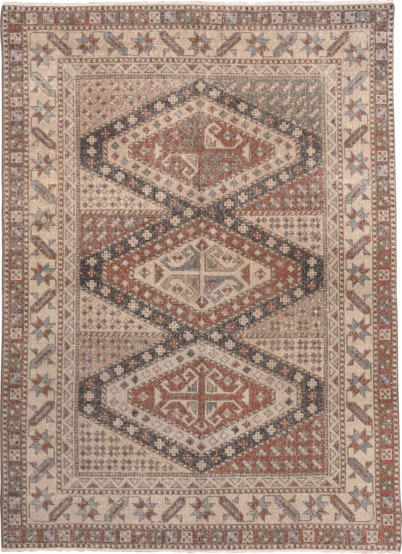 6' x 8' one-of-a-kind handmade vintage Sparta medium size rug. Color palette: brown, dim gray, gray, light gray, off-white