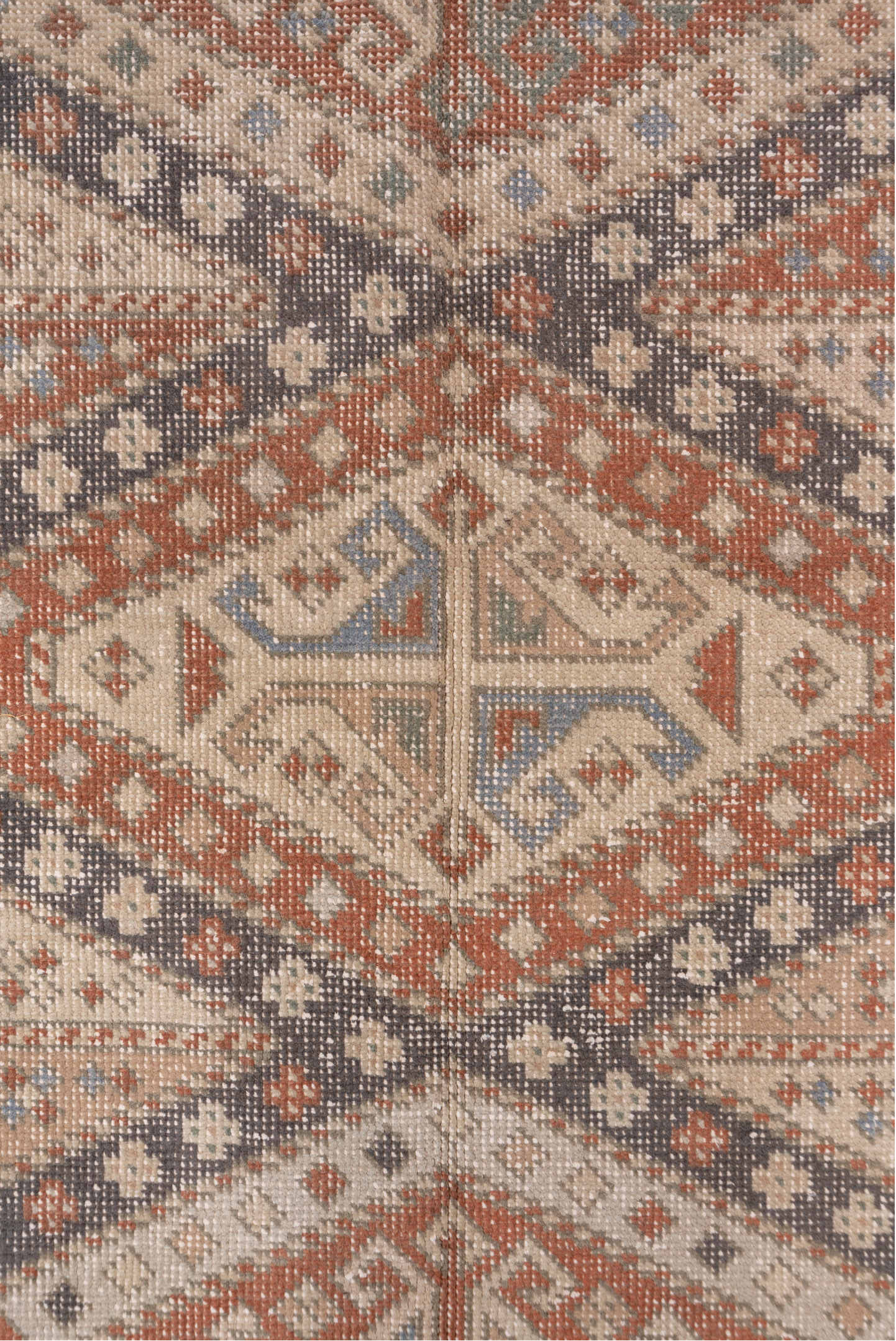 6' x 8' one-of-a-kind handmade antique Sparta medium size rug. Color palette: ivory, rust, brown, slate, taupe, charcoal
